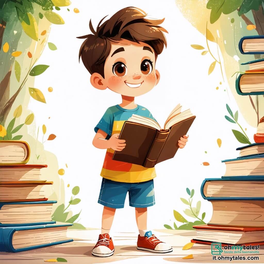 Al centro dell'immagine, un giovane ragazzo di nome Luca, di origine italiana, con capelli castani e occhi curiosi, sorride felice. Indossa una maglietta colorata e pantaloni corti, tenendo un libro aperto tra le mani, come se avesse appena scoperto qualcosa di meraviglioso. Accanto a lui, Libretto, un libro animato con pagine dorate e occhi espressivi, fluttua gioiosamente, mostrando entusiasmo. Sullo sfondo, una biblioteca magica, piena di libri colorati che fluttuano, con scaffali in legno intagliato e luci scintillanti che creano un'atmosfera accogliente. Illustrazioni di personaggi storici, come Martin Luther King e Rosa Parks, decorano le pareti, aggiungendo un tocco di storia alla scena. Luca e Libretto discutono appassionatamente di storie di coraggio e diversità, circondati da libri che sembrano ascoltare attentamente, in un'atmosfera gioiosa e piena di speranza, simbolo dell'importanza dell'educazione e dell'accettazione.