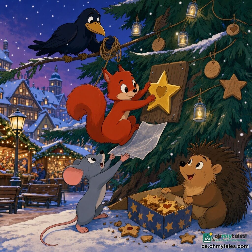 Miro, ein kleiner rotbrauner Eichhörnchen mit glänzendem Fell, runden schwarzen Augen, konzentriertem Gesicht und schüchternem Lächeln, klebt in halber Höhe an einem großen Tannenbaum einen goldenen Sternaufkleber mit kleinem Herz auf eine Holztafel, während unten Pia, eine graue Maus mit seidigem Fell und großen rosa Ohren, begeistert ein Stück Wachspapier hochhält, Roko, ein großer schwarzer Rabe mit glänzenden Federn, auf einem Ast darüber stolz eine Seilschlinge hält, um die Aufstieg zu sichern, und Finni, ein runder brauner Igel, an der Baumwurzel lächelnd eine offene Keksdose mit Sternen hält; Schauplatz ist ein verschneiter Wintermarkt bei Dämmerung mit Holzbanken, geschmückten Ständen, Glaslampen und einem zentralen Baum mit Holzdekorationen und Laternen, warme Kerzenlichter kontrastieren mit dem kalten Blau des Abends, leichte Schneeflocken und eine warme, leicht dramatische Stimmung.