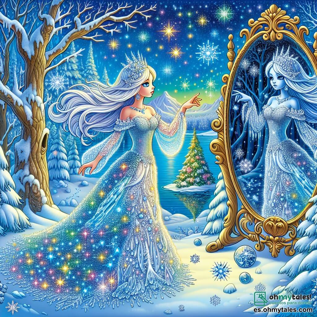 La Reina de las Nieves, una mujer majestuosa de belleza etérea, lleva un vestido brillante de cristales de hielo que brillan como estrellas. Su largo cabello plateado flota a su alrededor, y su mirada, a la vez triste y decidida, refleja una profunda compasión. Está extendiendo la mano hacia un árbol gigantesco, símbolo de nueva vida, con una expresión de dulzura y esperanza. A su lado, el Espejo Malvado, un espejo antropomórfico con un marco dorado, tiene una apariencia triste pero resuelta. Sus reflejos brillan con colores vivos, y parece inclinarse hacia la reina, listo para ayudarla en su búsqueda. El decorado es un magnífico paisaje invernal, con árboles cubiertos de nieve brillante y un cielo azul claro salpicado de nubes ligeras. A lo lejos, un lago oculto, rodeado de hielo oscuro, brilla bajo los rayos del sol, mientras copos de nieve bailan en el aire. La situación principal muestra a la Reina de las Nieves y al Espejo Malvado uniendo sus fuerzas para derretir el hielo que aprisiona la vida, creando una atmósfera mágica y llena de esperanza, donde la naturaleza comienza a despertarse bajo sus manos.