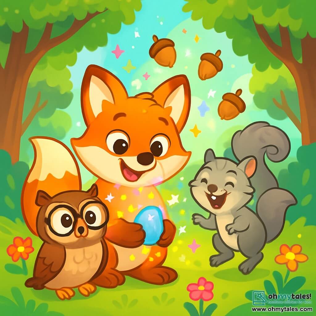 A small orange fox named Felix, with a big joyful smile and sparkling eyes, holds a shimmering pebble in his paws. He is surrounded by an aura of colorful magic, with bright sparkles in the air. Next to him, a wise owl named Oliver, with brown feathers and round glasses, watches with an amused expression, his wide eyes filled with surprise. A playful squirrel named Sammy, with gray fur and a bushy tail, jumps around them, laughing heartily. The scene takes place in a sunny clearing in the Whispering Woods, where colorful flowers gently dance in the wind and majestic trees with vibrant green leaves create an enchanting backdrop. In the center of this clearing, Felix, Oliver, and Sammy discover the magical pebble that makes acorns dance around them, creating a joyful and playful atmosphere.