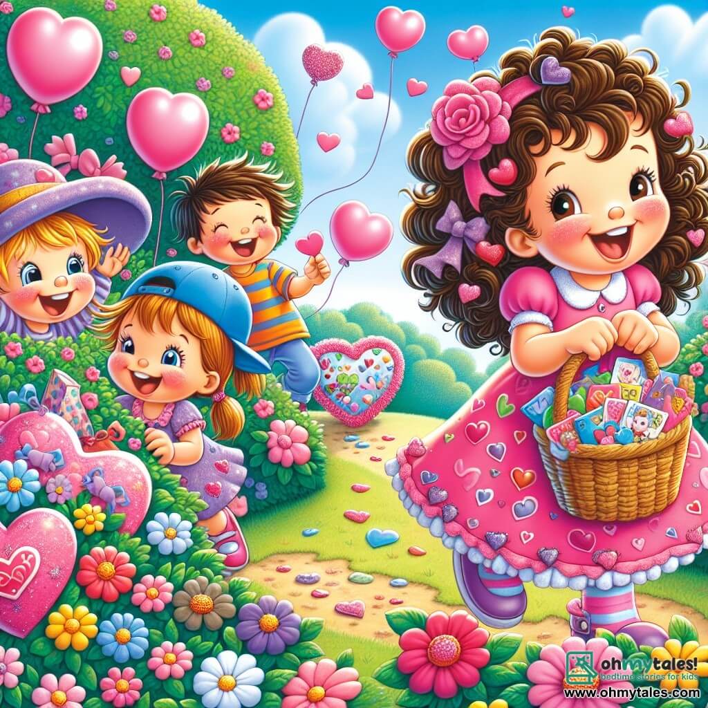 A 5-year-old girl named Lily, with beautiful curly shiny hair, is wearing a pink dress adorned with hearts. She has a big joyful smile on her face, her eyes sparkling with excitement as she holds a basket filled with colorful Valentine's Day cards. Next to her, Mia, a 5-year-old girl with brown hair in pigtails, laughs as she discovers a card hidden in a bush. A little further away, Tommy, a 5-year-old boy wearing a blue cap, is coming out from behind a tree, laughing at his adventure. The setting is a sunny park filled with bright flowers, lush green trees, and a clear blue sky. In the center of the illustration, the children are surrounded by colorful balloons and a large heart-shaped cake decorated with pink icing and sprinkles. The scene captures the excitement and joy of a Valentine's treasure hunt, where the children are having fun together, sharing laughter and surprises.