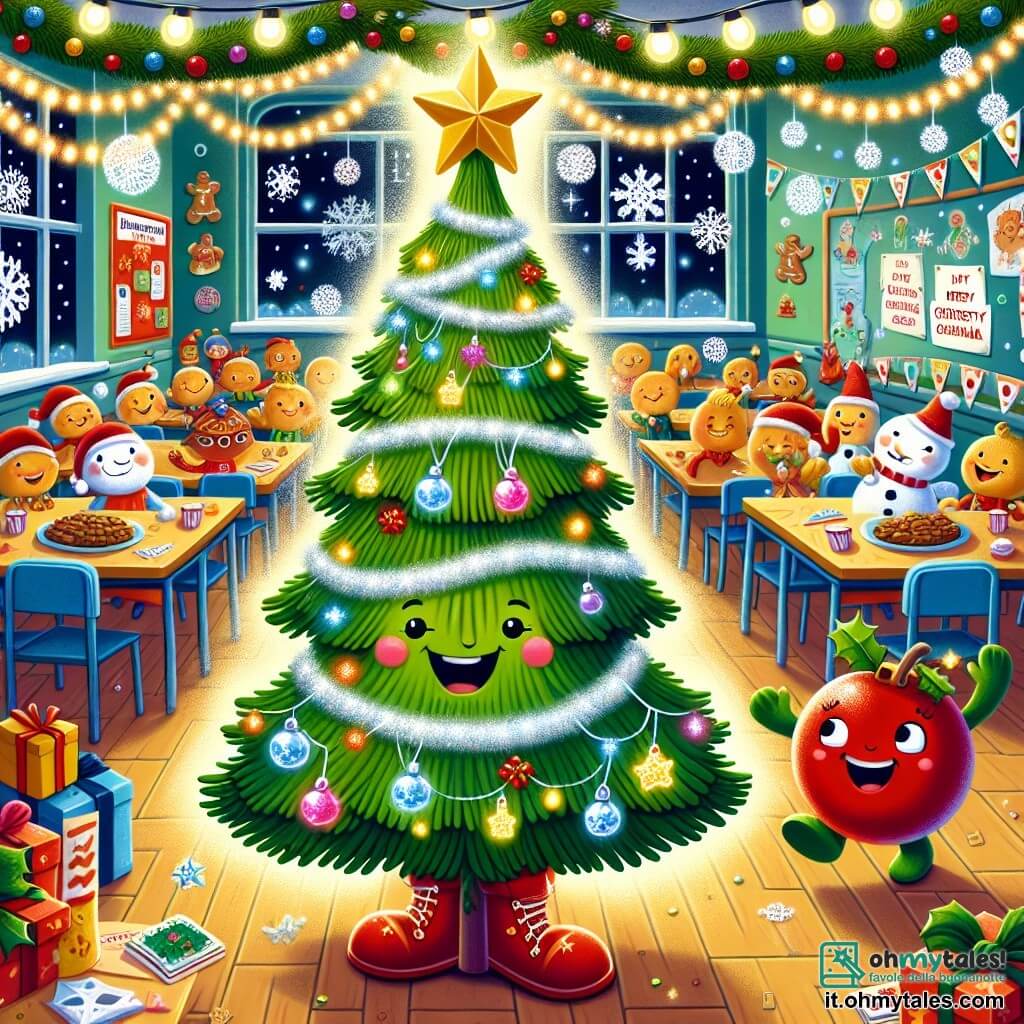 Un piccolo albero di Natale chiamato Alberino, con rami verdi scintillanti e decorazioni colorate, si trova al centro della scena, irradiando gioia e meraviglia, con gli occhi brillanti di felicità mentre danza sotto le luci. Accanto a lui, una pallina rossa chiamata Rossa, rotonda e vivace, sorride con entusiasmo, saltellando su uno dei suoi piedini, pronta ad aiutare Alberino a diffondere la magia del Natale. Lo sfondo è una scuola festiva, piena di ghirlande luminose, fiocchi di neve di carta appesi alle pareti e tavoli ricoperti di deliziosi biscotti di Natale, creando un'atmosfera calda e accogliente. La scena principale mostra Alberino e Rossa mentre decorano l'aula per una grande festa di Natale, circondati da risate e canti gioiosi, mentre altri oggetti natalizi, come stelle e pupazzi di neve, si uniscono a loro per celebrare insieme.