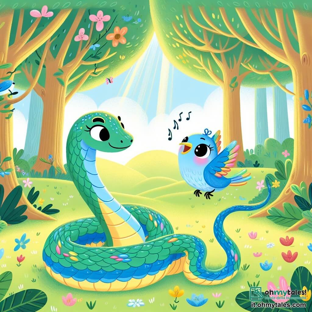 Un serpente di nome Sinu, lungo e sinuoso, con squame lucenti dai colori vivaci, si trova sull'erba verde, mostrando un'espressione dolce e determinata. Accanto a lui, un piccolo uccello blu, Piumoso, con un piumaggio splendente e occhi scintillanti, vola gioiosamente attorno a Sinu, cantando con entusiasmo. La scena si svolge in una foresta incantata, piena di alberi maestosi con foglie lussureggianti, fiori colorati e raggi di sole che filtrano tra i rami, creando un'atmosfera magica. Sinu e Piumoso stanno cercando il nido perduto dell'uccello, scrutando attentamente i dintorni, con grande complicità e uno spirito d'avventura palpabile.
