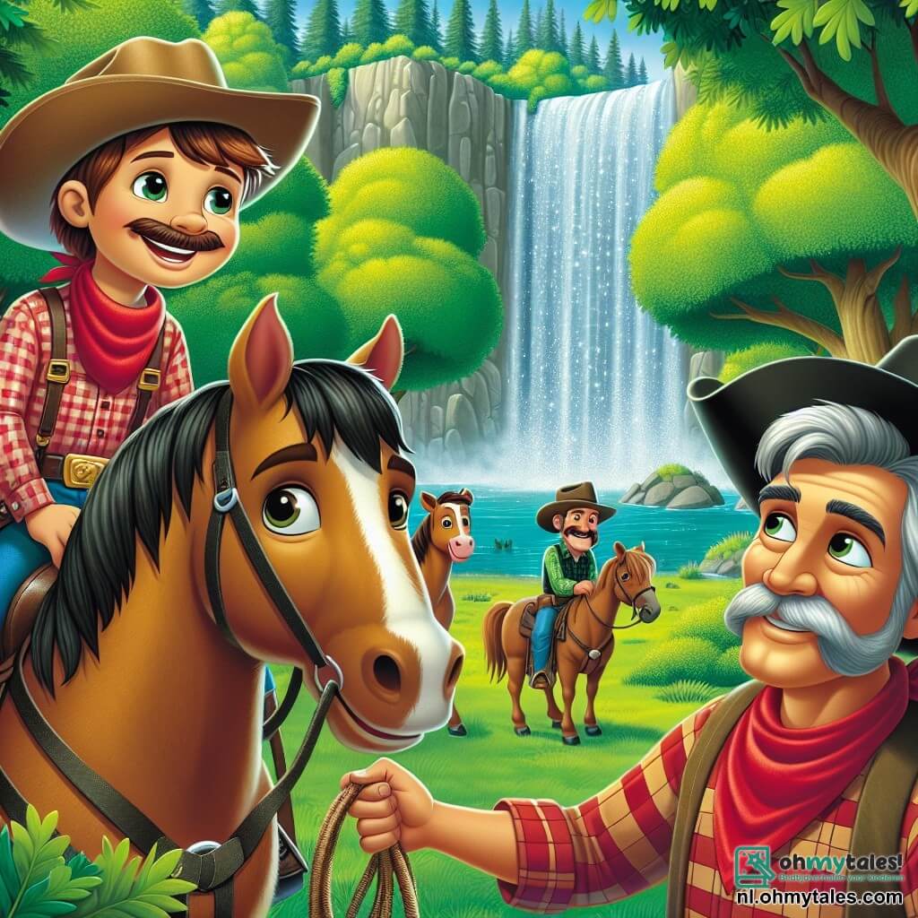 Een cowboy genaamd Jack, een man van ongeveer dertig met een brede glimlach, draagt een lichtjes gekanteld cowboyhoed en een rood geruit overhemd. Hij zit op zijn merrie, Bella, een mooie kastanjebruine merrie met zachte, nieuwsgierige ogen, die enthousiast kijkt naar een schitterende waterval op de achtergrond. Naast hem is een groep van drie cowboys, allemaal middelbare mannen, bezig met het verzamelen van hun vee. Een van hen, met een dikke snor en een rode bandana om zijn nek, houdt een touw vast en lacht naar Jack, terwijl een andere, oudere man met grijs haar, met zijn vinger naar de richting van het verloren vee wijst. De derde cowboy, jonger, met een zwarte hoed en een vastberaden blik, observeert de omgeving aandachtig. De plek is een groene open plek omringd door grote bomen met felgroene bladeren, met de waterval die op de achtergrond valt en een regenboog in de nevel creëert. De zon straalt hoog aan de hemel en verlicht de scène met een gouden gloed. De hoofdsituatie van het verhaal toont Jack en de cowboys die de ontdekking van de waterval vieren, terwijl ze zich voorbereiden om hun vee te verzamelen, verenigd door vriendschap en avontuur.