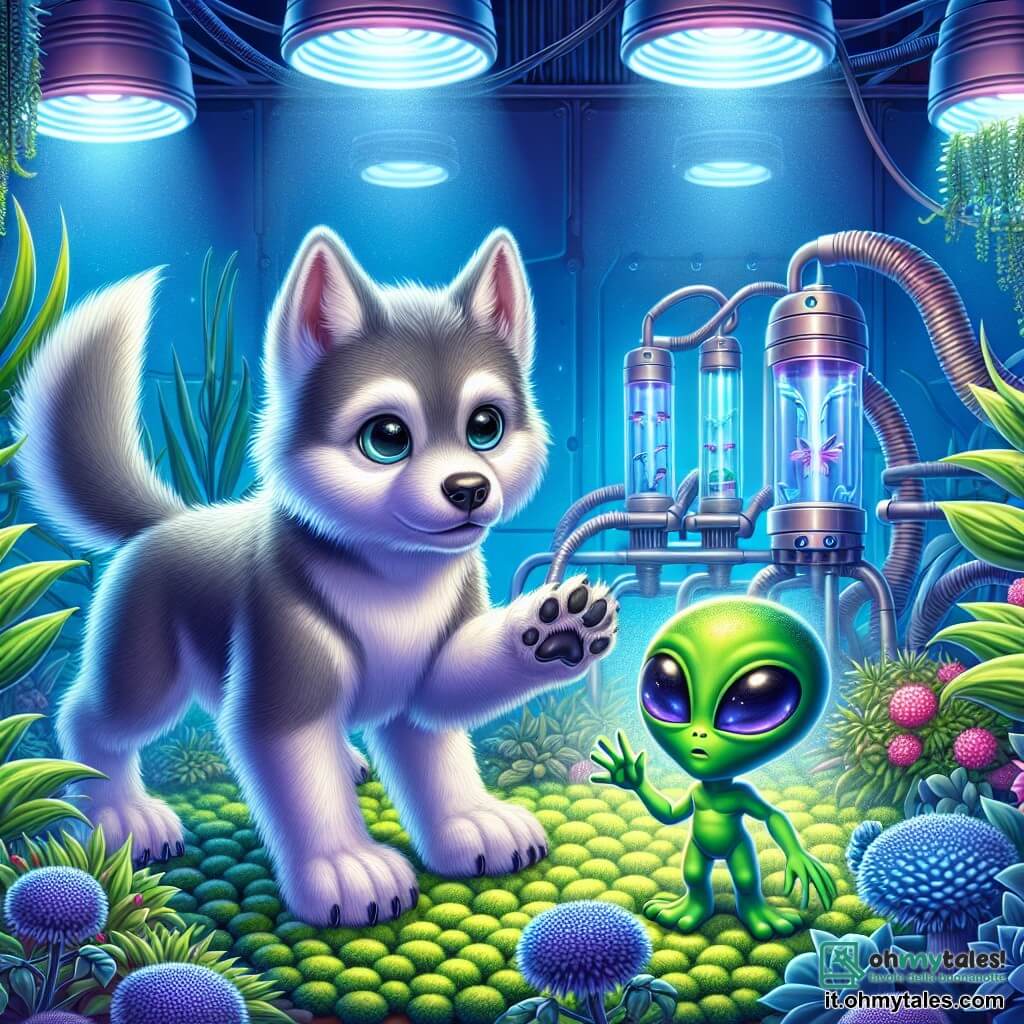 In un giardino idroponico futuristico, un piccolo lupo di nome Lupoletto, con un pelo morbido e argentato, esprime grande curiosità e meraviglia scoprendo un piccolo extraterrestre verde di nome Zorbi. Zorbi, con i suoi grandi occhi brillanti e la pelle scintillante, mostra un'espressione di paura mescolata a speranza, nascondendosi dietro un cespuglio di fiori blu. Il giardino è pieno di piante colorate dalle forme strane, con luci fluorescenti che illuminano lo spazio, creando un'atmosfera magica e accogliente. Lupoletto si avvicina dolcemente a Zorbi, tendendo una zampa amichevole per incoraggiarlo a uscire dal suo nascondiglio, mentre raggi di luce filtrano attraverso il fogliame, creando un gioco incantevole di ombre e luci.