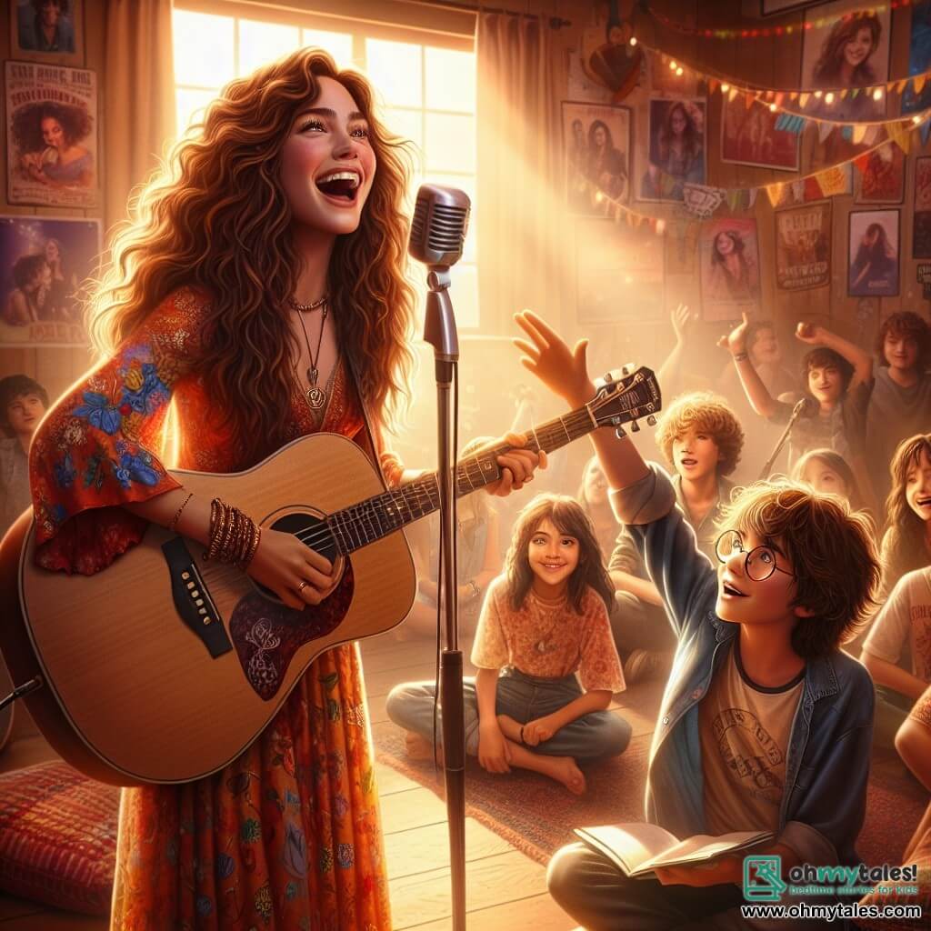 Lila Harmon, a woman in her thirties, stands center stage, radiant and full of energy. She has long, warm brown curly hair cascading over her shoulders. Dressed in a colorful dress adorned with musical patterns, she holds a guitar passionately, her face lit up with a broad smile, expressing joy and excitement in sharing her music with children. Next to her is Max, a twelve-year-old boy with sparkling eyes. He has messy brown hair and wears round glasses that slide slightly down his nose. He holds a small notebook in one hand, ready to write lyrics, while the other points enthusiastically at the audience, as if wanting to share his dream with the world. The setting is a warm music studio filled with colorful concert posters, guitars on the walls, and plush cushions scattered on the floor. Soft sunlight filters through the windows, creating a magical and inspiring atmosphere. The main scene shows Lila and Max singing together, surrounded by a group of joyful children listening attentively, their faces illuminated by excitement and wonder. The children, sitting in a circle around them, are captivated by the music, creating an atmosphere of camaraderie and creativity.