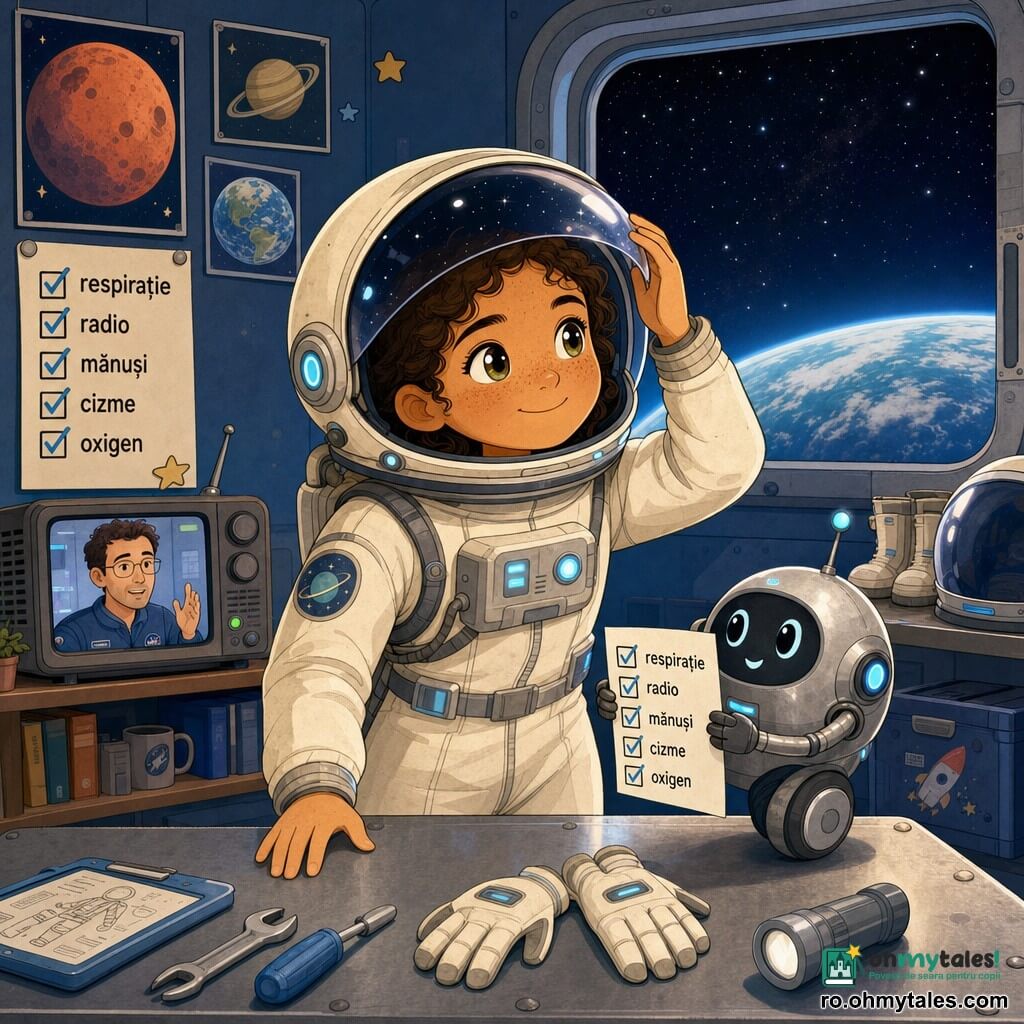O femeie astronaut, Lina, calmă și zâmbitoare, față blândă cu pistrui, ochi căprui strălucitori, poartă un costum spațial crem cu cusături gri și mici lumini albastre; o mână pe o masă, cealaltă atingând viziera casca strălucind ca un glob. Un bărbat de ~35 de ani apare pe un mic ecran radio pe un raft, păr scurt, ochelari subțiri, gest încurajator. Un mic robot rotund argintiu rulează lângă Lina și întinde o listă cu căsuțe bifate. Camera de pregătire are pereți bleu închis cu postere de planete, o fereastră mare cu cer înstelat și Pământ albastru la orizont, o masă metalică cu uneltele și o listă lipită pe perete: „respirație, radio, mănuși, cizme, oxigen”. Scena principală o arată pe Lina verificându-și atent echipamentul, atingând fiecare element cu blândețe; cască pe masă reflectând stelele, atmosferă caldă și liniștitoare, lumini moi, tonuri pastelate și linii rotunjite.