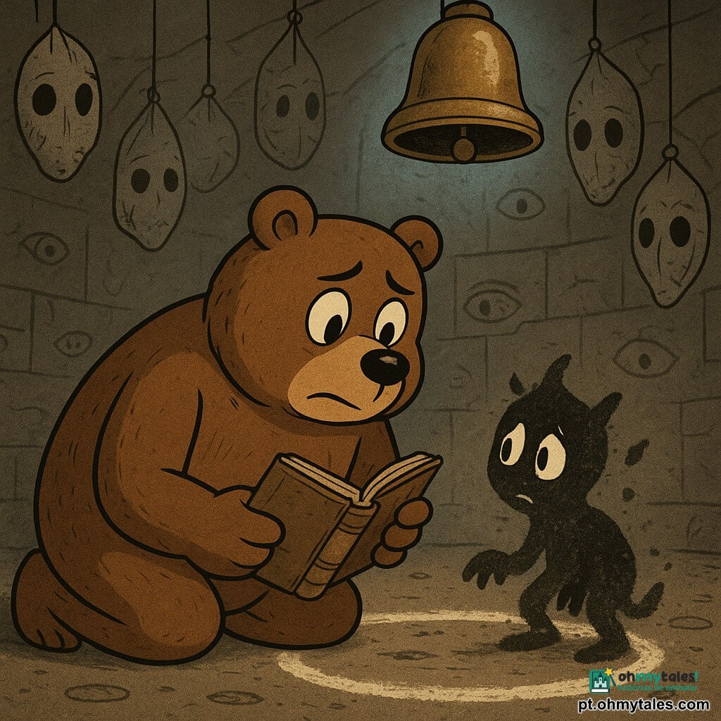 Tomé, um grande urso-pardo de pelo pintado em largas pinceladas, rosto redondo e olhos negros brilhantes, ajoelhado num círculo de pó branco, segura um velho livro de capa gasta numa pata e um pedaço de carvão na outra; ao seu lado aparece uma pequena criatura feita de pó de papel e sombras, do tamanho de um gato, com olhos desenhados a carvão e postura hesitante, procurando ajuda. Vários máscaras de tecido cinzento pendem do teto por fios finos, gastas e manchadas, observando a cena; a sala é uma cripta circular de arquivos subterrâneos com paredes de pedra riscadas de olhos, chão poeirento com pegadas redondas, uma grande campaínha de latão pendurada ao centro e uma fraca luz azul filtrando por uma escotilha. Tomé escreve cuidadosamente uma frase no livro para acalmar a criatura, enquanto as máscaras e a campaínha criam uma atmosfera inquietante e poética.