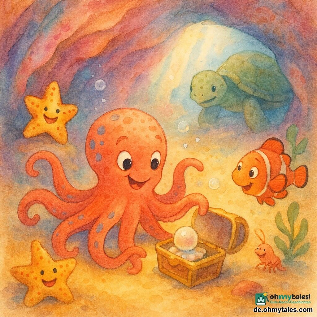 Ein kleiner Cartoon-Oktopus namens Ollie, freundlich und lächelnd, korallenfarben mit pastelligen Flecken, öffnet sanft eine kleine Schatztruhe aus Muscheln und hält eine funkelnde Perle; rechts schwimmt ein fröhlicher orange-weißer Clownfisch und zeigt mit einer Flosse auf die Truhe; links auf einem Stein sitzt ein rundes, gelb-rotes Seesternchen und klatscht mit seinen kurzen Armen; eine winzige, schüchterne Garnele in blassem Lachston steht hinter einer grünen Alge und wirkt erleichtert; die alte Schildkröte Tilda mit strukturierter grüner Panzerung beobachtet langsam wohlwollend vom Eingang der Korallenhöhle; Ort: große, mehrfarbige Korallenhöhle mit welligen rosa-, violett- und türkisfarbenen Wänden, Lichtstrahlen von der Oberfläche, feine Blasen und goldener Sand; Hauptsituation: die Freunde entdecken eine kleine Muschel- und Perlen-Schatztruhe, sanfte Feierstimmung, warme Farben und fließende Aquarelltexturen mit gezielten Spritzern, die Wasserreflexe andeuten.