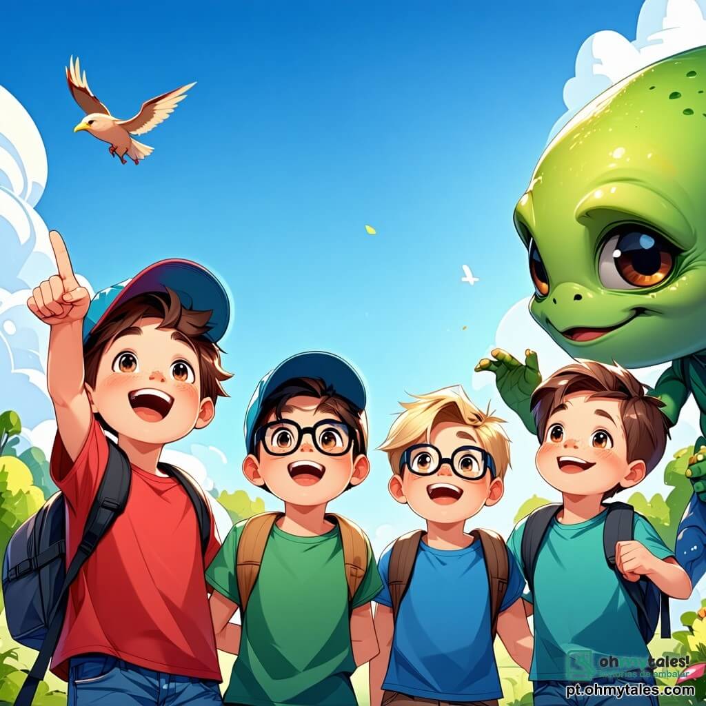 No centro da imagem, cinco meninos de cerca de 10 anos estão juntos, todos sorridentes e cheios de energia. Leo, com cabelos castanhos bagunçados e uma camiseta vermelha, aponta para o céu, maravilhado. Max, com cabelos loiros e um boné azul, salta de alegria ao seu lado. Tico, usando óculos e uma camiseta verde, observa atentamente uma criatura extraterrestre. Beto, com cabelos negros e um moletom laranja, faz um grande gesto com a mão, como se estivesse acenando para o alienígena. Por fim, Nino, com cabelos castanhos e uma camiseta listrada, segura uma pedra brilhante na mão, com os olhos arregalados de surpresa. Ao fundo, uma linda planeta Arco-Íris se estende, com colinas de grama vermelha e árvores de folhas amarelas brilhantes. O céu é colorido, com nuvens em forma de doces e estrelas cintilantes. Em primeiro plano, um pequeno alienígena azul chamado Zog, com grandes olhos verdes e um sorriso amigável, está ao lado dos meninos, de braços abertos como se os convidasse para a aventura. A cena transmite uma atmosfera alegre e mágica, ilustrando o momento em que os meninos encontram seu novo amigo extraterrestre pela primeira vez, prontos para explorar juntos esse mundo fantástico.