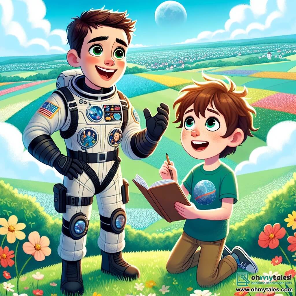 Commander Ethan stands on a green hill, his face beaming with joy and pride. He wears a slightly dusty spacesuit with shiny details and a space agency badge on his chest. His short brown hair and sparkling eyes reflect his enthusiasm as he shares astronaut stories with a young boy.

The boy, Oliver, around twelve years old, stands beside Ethan, wide-eyed with wonder. He has messy hair and wears a planet-patterned t-shirt. In his hand, he holds a small notebook, taking notes, his face lit up with an admiring smile.

The enchanting landscape features colorful flower fields stretching to the horizon under a clear blue sky dotted with fluffy white clouds. In the distance, the peaceful village of Maplewood can be seen.

This scene captures a magical moment as Ethan recounts his space adventures to Oliver, inspiring the young boy to pursue his dream of becoming an astronaut, while the sun begins to set, painting the sky in golden and orange hues.