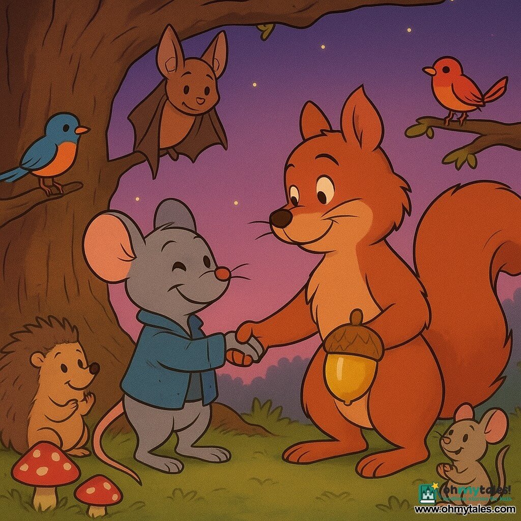 A small smiling rat named Remy, calm and expressive with fine whiskers, bright eyes and a worn blue jacket, stands on his hind legs shaking paws with a proud but softened red-furred squirrel named Sylvester who holds a large golden acorn, while Bella the small wise bat hangs upside down on a branch above them with folded wings and a kind gaze; a shy round hedgehog, colorful birds and smiling mice form a gentle applauding circle around them at the base of an ancient gnarled oak with thick green moss, red-and-white spotted mushrooms and glowing fireflies under a purple-pink twilight sky — a warm, peaceful reconciliation scene in a clean cartoon style with soft lighting, warm colors and slight paper texture.