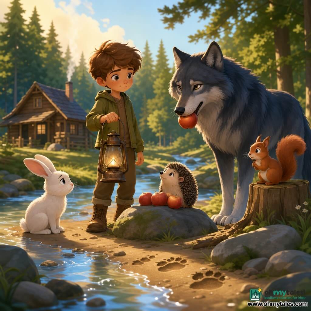 An 8-year-old boy with a round freckled face and messy chestnut hair, calm and determined, holds a rusty metal lantern beside a rock with apples; a large elegant dark-gray wolf with bluish sheen and softened bright eyes stands at the stream's edge biting an apple, less threatening than in tales; a white rabbit with large soft ears sits left of the boy on wet sand, worried but soothed; a small nervous red squirrel perches on a stump to the right, tail curled and watching the wolf; a cushion-like hedgehog with slightly ruffled spines near the apples listens; a clear stream flows in the foreground over wet sand with deep prints, sparkling droplets and sky reflections; in the background a small wooden cottage emits thin chimney smoke in a clearing bordered by tall pines and filtered shadows; late-afternoon soft light in warm greens and ochres creates a calm, reassuring scene of a daytime meeting where the truth is told.