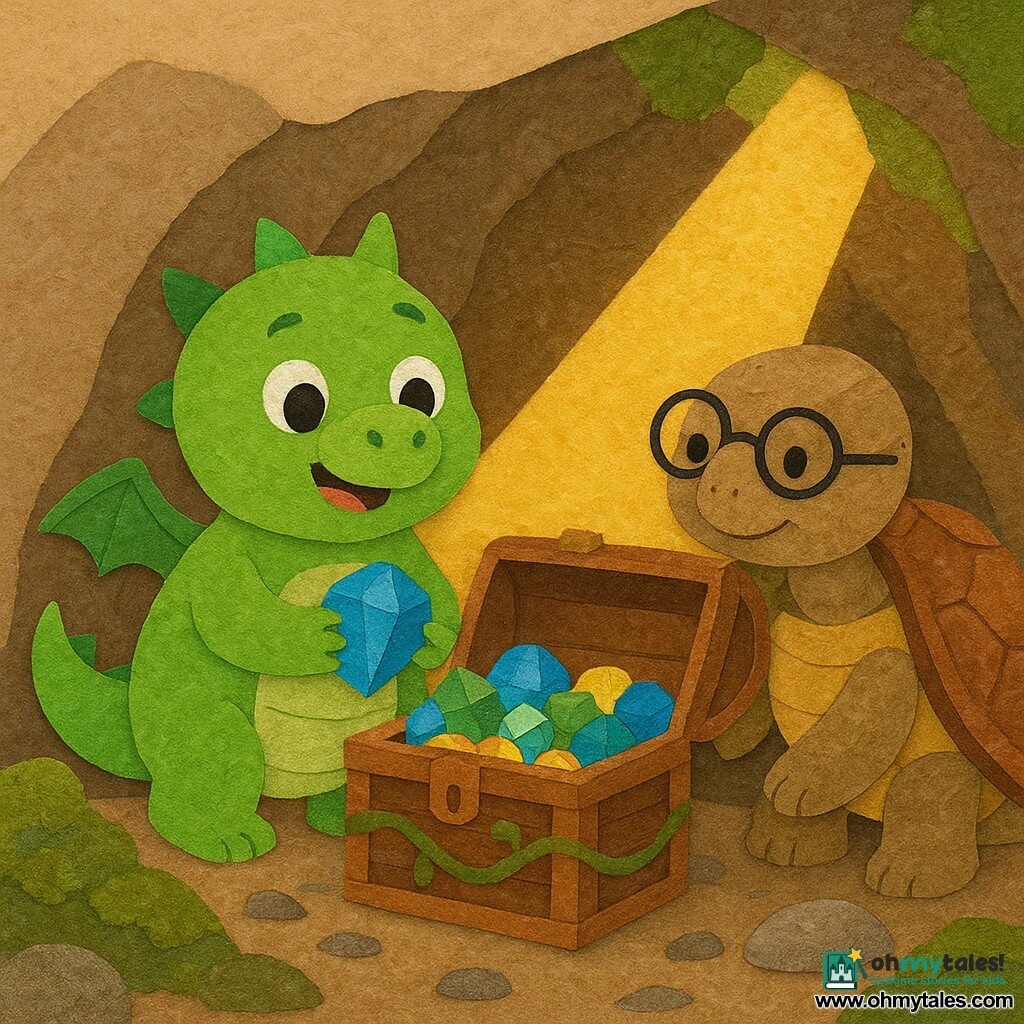 A small bright green dragon with a round body, short wings, shiny round eyes and an amazed smile holds a blue gemstone in its tiny claws in front of an open wooden chest; an old wise turtle with a textured brown shell and round glasses crouches beside the chest, resting a paw on its edge to share the discovery; the chest, entwined with green vines, is filled with shimmering blue and green gems and golden coins; the small cozy cave has soft rocky walls with green moss, smooth floor stones and a warm yellow beam of light illuminating the chest; the scene is simple, colorful and tactile with paper-cut textures, rounded shapes, clear contrasts, a joyful reassuring mood and a centered composition focused on the characters and chest.