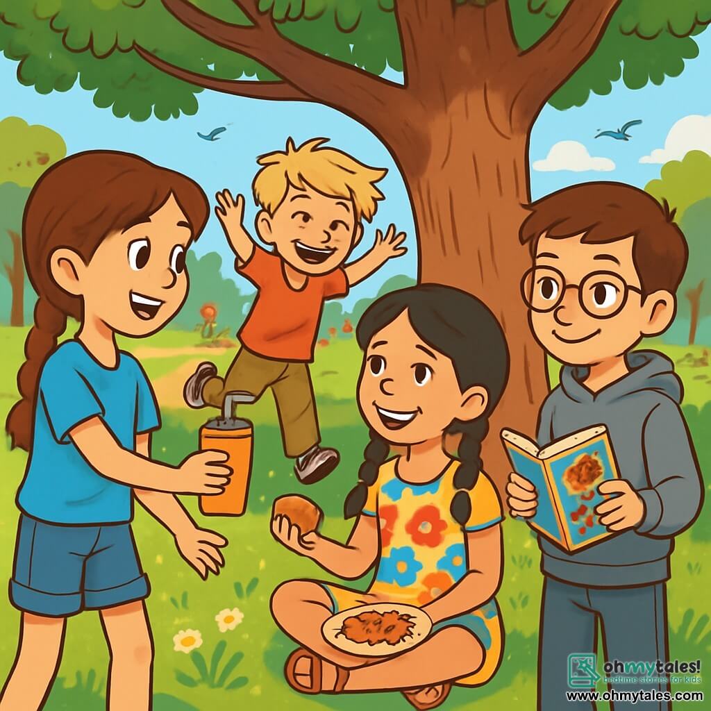 There are 4 children: Holly, an 11-year-old girl with brown braided hair, wearing a blue t-shirt and denim shorts, smiling joyfully while holding a juice. Jack, a 12-year-old boy with messy blonde hair, dressed in a red t-shirt and cargo pants, is laughing with his arms raised, ready to run. Mia, an 11-year-old girl with black hair in two braids, wearing a colorful floral dress, is sitting on the grass with her legs crossed, sharing cookies with her friends. Tariq, a 10-year-old boy with brown hair and glasses, wearing a gray hoodie and casual pants, is standing slightly back but smiling, holding an old comic book. The main setting is a sunny park with a large oak tree at the center providing shade. The grass is green with wildflowers, and a small dirt path winds through the park. In the background, children are playing, families are picnicking, and birds are singing in the trees. The main scene shows the four friends gathered under the oak tree, laughing and sharing snacks. Holly hands a juice to Tariq, who smiles shyly. Jack and Mia are chatting happily, creating an atmosphere of camaraderie and support, symbolizing friendship and solidarity within their community.