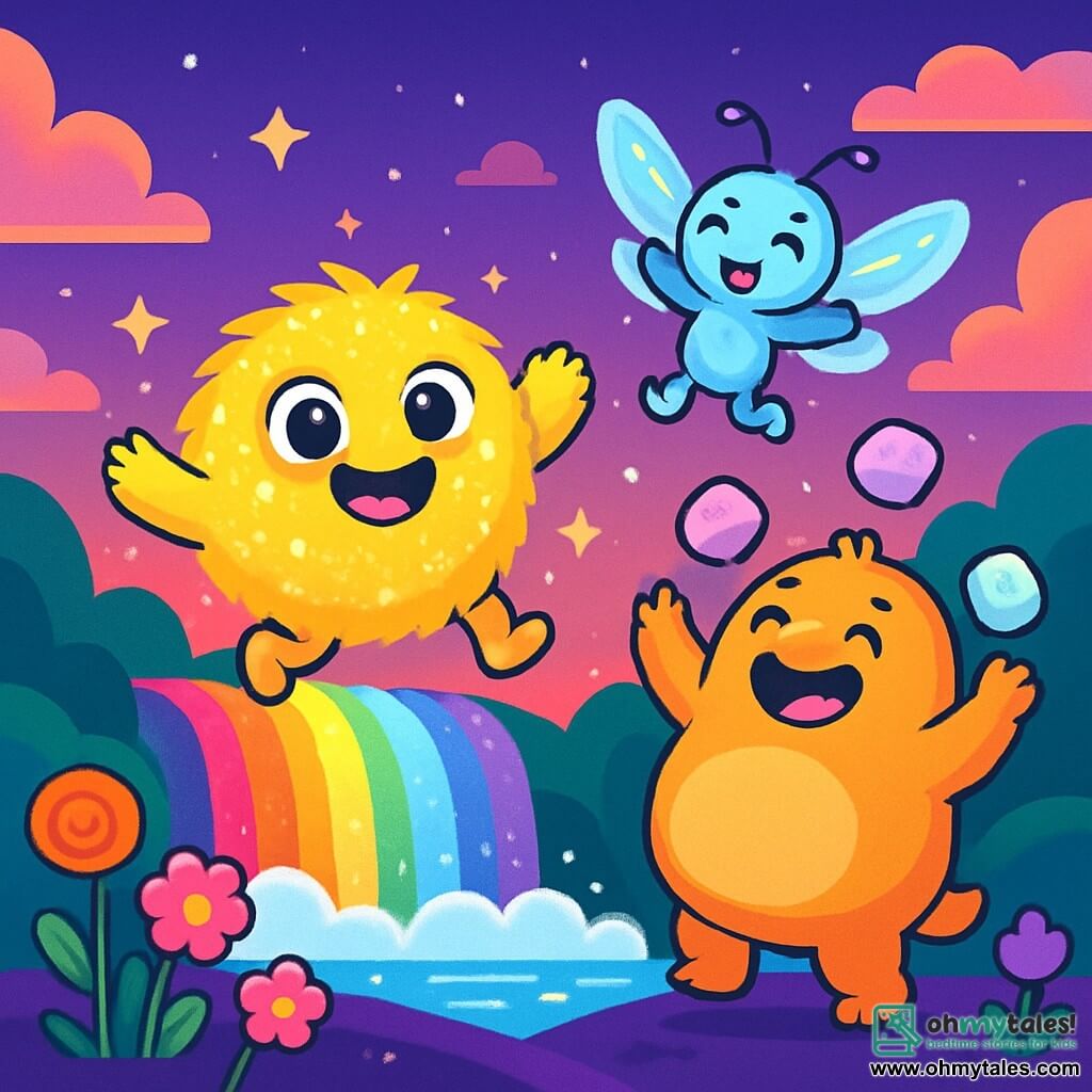 Wobblefluff, a small round and fluffy being, is at the center of the image, with shimmering fur that sparkles like stars. He has large round eyes filled with joy and a bright smile, jumping with happiness at the edge of Rainbow Falls. Next to him, Twinkletail, a delicate creature with sparkling wings, dances joyfully, her eyes sparkling with excitement. Fluffernut, a chubby character with a round belly, is juggling colorful marshmallows, laughing heartily. The enchanting backdrop features rainbow waterfalls cascading into a sparkling lake, surrounded by candy flowers and fluffy clouds floating in a twilight sky. The scene captures the magical moment where friends celebrate New Year together, laughing and playing, surrounded by vibrant colors and bright joy.