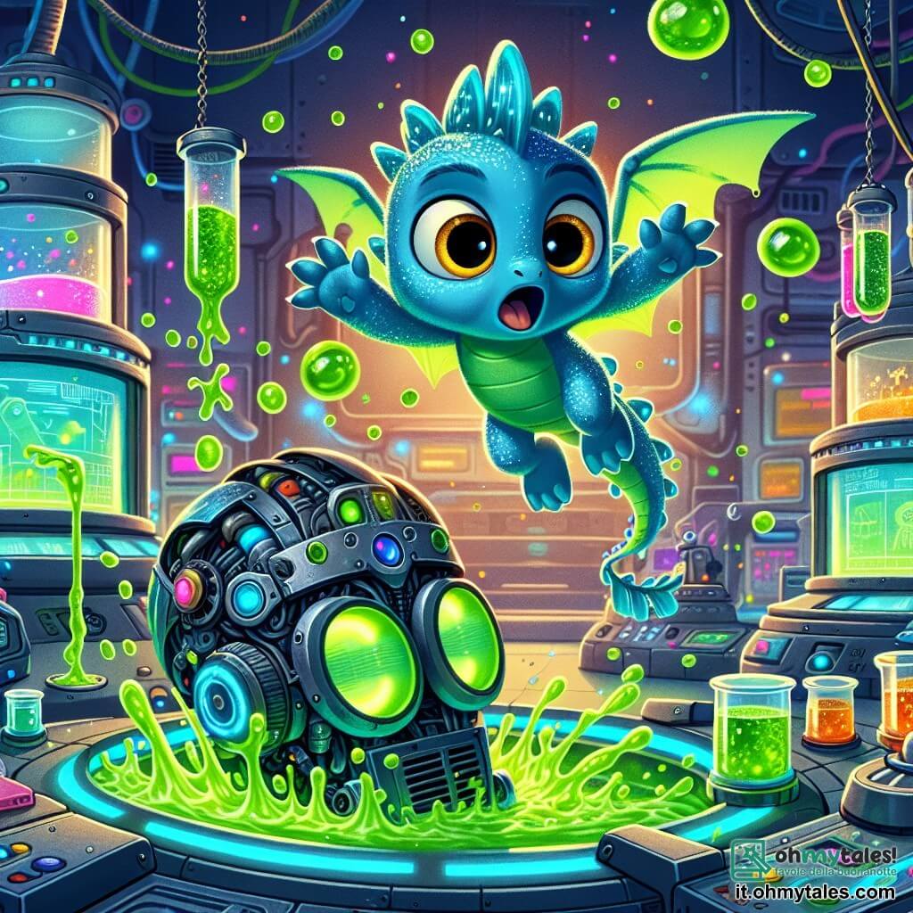 Al centro dell'immagine, un piccolo drago blu di nome Zaffiro, con squame scintillanti e grandi occhi dorati, esprime curiosità ed eccitazione. Batte le ali, fluttuando sopra una macchina futuristica, il Magno-Matic 3000, che brilla di luci colorate. Accanto a lui, Tink, un robot cilindrico con occhi luminosi e un corpo ricoperto di ingranaggi, mostra entusiasmo e apprensione, cercando di liberarsi dalla gelatina verde che lo circonda. Si trova proprio sotto Zaffiro, con le braccia alzate in un gesto comico. Lo sfondo è un laboratorio futuristico, pieno di gadget scintillanti, tubi da laboratorio e schermi olografici, con muri in metallo lucido e scaffali carichi di ingredienti magici. La situazione principale mostra Zaffiro e Tink che scoprono il Magno-Matic 3000, che ha appena liberato un'esplosione di gelatina colorata, trasformando il laboratorio in un luogo di festa inaspettato, dove magia e tecnologia si incontrano in un vortice di creatività.