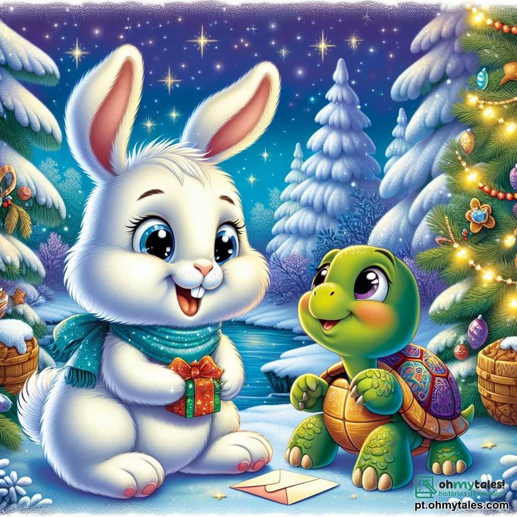 Um coelhinho chamado Tobias, com pelagem macia e branca, grandes orelhas em pé, expressa uma alegria radiante enquanto segura uma carta brilhante em suas pequenas patas. Ao seu lado, uma tartaruga chamada Tita, com uma carapaça colorida e olhos travessos, sorri ternamente ao olhar para Tobias, segurando uma pequena cesta de biscoitos. Ao fundo, uma floresta encantada está coberta de neve cintilante, com árvores majestosas adornadas com guirlandas luminosas e estrelas brilhantes no céu noturno. A cena retrata o momento em que Tobias e Tita descobrem a carta para o Papai Noel, prontos para uma aventura mágica de Natal.