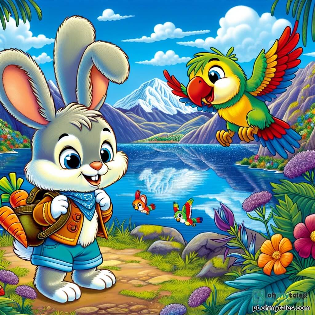 Léo, um coelhinho travesso com grandes orelhas e pelagem macia como algodão, está à beira de um lago cintilante, com os olhos arregalados de alegria e deslumbramento. Ele carrega uma mochilinha cheia de cenouras, pronto para a aventura. Ao seu lado, Paco, um papagaio colorido com penas brilhantes de verde, vermelho e azul, voa alegremente no ar, com um grande sorriso no bico, cantando canções de aventura. Ao fundo, o lago Titicaca se estende até onde a vista alcança, suas águas de um azul profundo refletindo as majestosas montanhas ao redor, enquanto flores exóticas e pássaros coloridos adicionam um toque de magia a essa paisagem encantadora. A cena mostra Léo e Paco explorando juntos, cheios de empolgação e curiosidade, prontos para descobrir as maravilhas deste mundo magnífico.