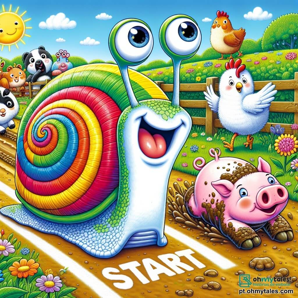 Um caracol chamado Zé, com uma concha brilhante e colorida, desliza alegremente pelo chão, exibindo um grande sorriso no rosto. Seus olhos brilham de empolgação enquanto se prepara para uma corrida divertida. Ao seu lado, uma pequena galinha branca chamada Tina, com penas fofas e um ar determinado, se agarra a um arbusto, pronta para se lançar. Um leitão rosa chamado Pipo, com bochechas redondas e um olhar divertido, está coberto de lama, rindo de sua própria desajeitação após escorregar. A cena acontece em uma fazenda ensolarada, com campos verdejantes, flores coloridas e um céu azul salpicado de nuvens brancas fofas. No centro, uma grande linha de partida está marcada no chão, cercada por outros animais curiosos que incentivam os corredores. Zé, cheio de entusiasmo, se lança com alegria, pronto para participar de uma corrida hilária com seus amigos, enquanto risadas e gritos de alegria ecoam ao redor deles.