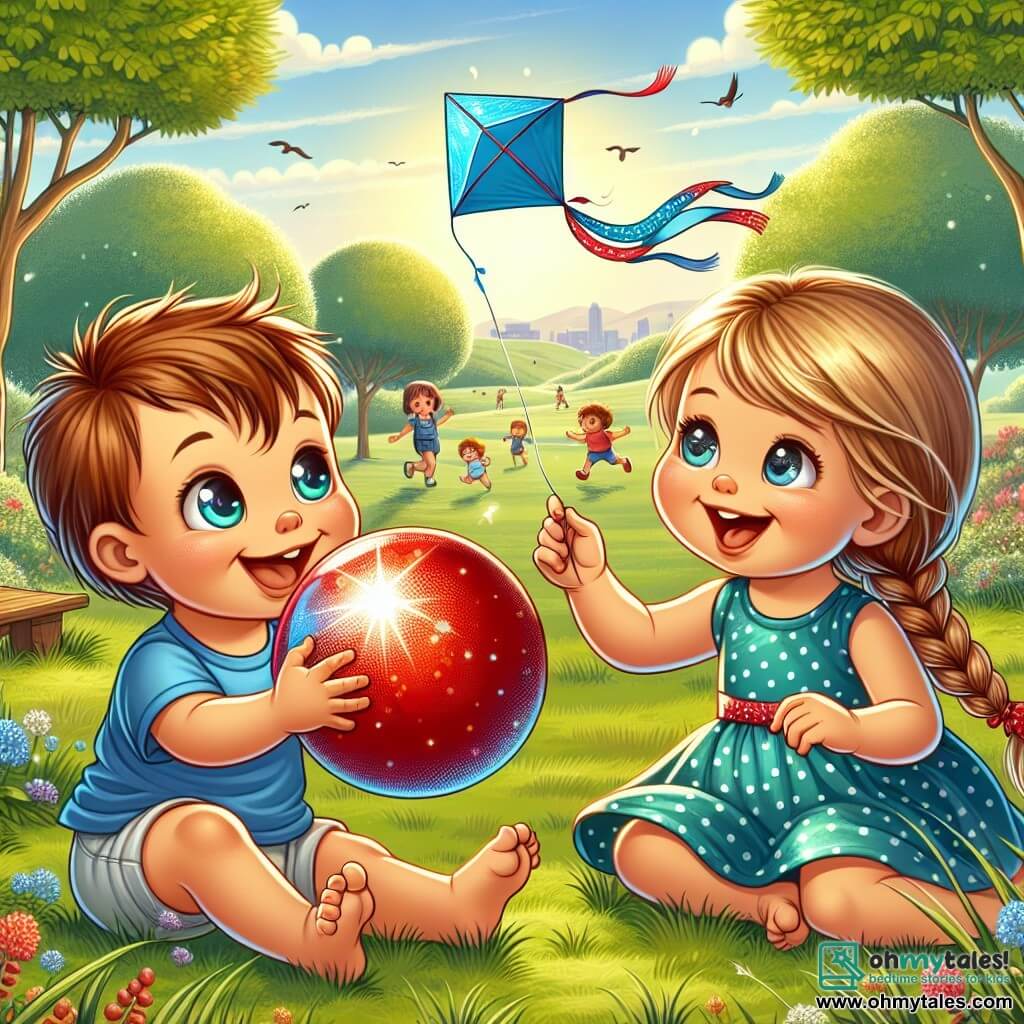 A 1-year-old boy with messy brown hair and sparkling eyes is sitting on the green grass in the park. He is smiling widely, holding a shiny red balloon that reflects the sun. Next to him, a 5-year-old girl with long braided blonde hair and a blue polka-dot dress is flying a blue kite in the sky. She is joyfully laughing with her arms raised as the kite dances in the wind. The park is vast and sunny, filled with trees with green leaves and colorful flowers. Children are playing in the distance, and a wooden bench is visible under a tree. The main scene shows the boy and the girl playing together, with the boy throwing his balloon to the girl who runs to catch the kite, symbolizing their budding friendship.