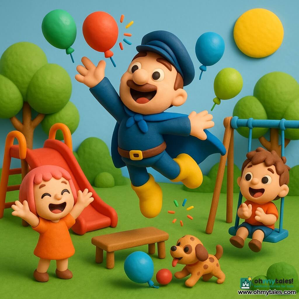 Captain Giggleboots smiling with bright round eyes, shiny yellow boots and a blue cape, jumping to pop balloons; Kitty Zoom, about 7, with a short pink bob laughing with arms raised left by a red slide; a ~4-year-old boy with tousled brown hair sitting on a blue swing to the right, wide-eyed and clapping; a small brown spotted puppy with its tongue out nudging a balloon under a simple wooden bench; colorful park with textured green lawn, round-topped trees, clear sky and a big yellow sun; balloons red, green and blue bursting into small colorful stars as children laugh in a warm, safe scene.