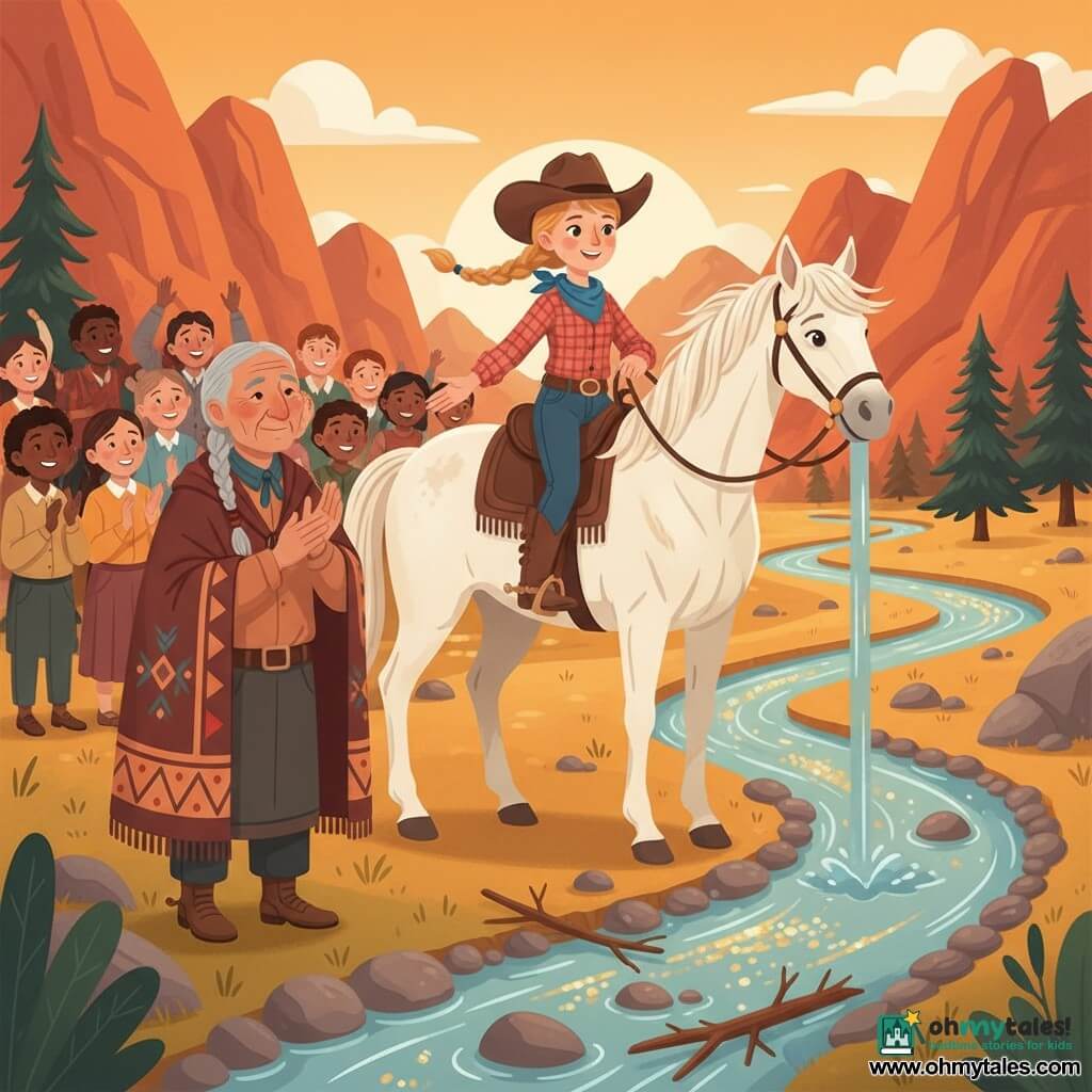 A smiling, determined 12-year-old cowgirl with braided blonde hair blowing in the wind, a brown cowboy hat, red plaid shirt, blue bandana and dusty leather boots rides a white mare named Star and reaches toward a small canal she has just dug with branches and stones to divert a secret river toward the village; an elderly Indigenous man of about 65 with a wrinkled kind face, gray braided hair with beads and a colorful coat stands to her left, gently applauding while villagers smile in the background; Star is large, white and calm, slightly lifting her head; the scene is a mountain valley at sunset with orange rocks, dark green pines, a small grove and a sparkling stream winding between smooth stones, the water glittering with golden reflections; warm, high-contrast colors, simple rounded shapes, smooth textures, joyful heroic mood, composition centered on the cowgirl and the flowing water.