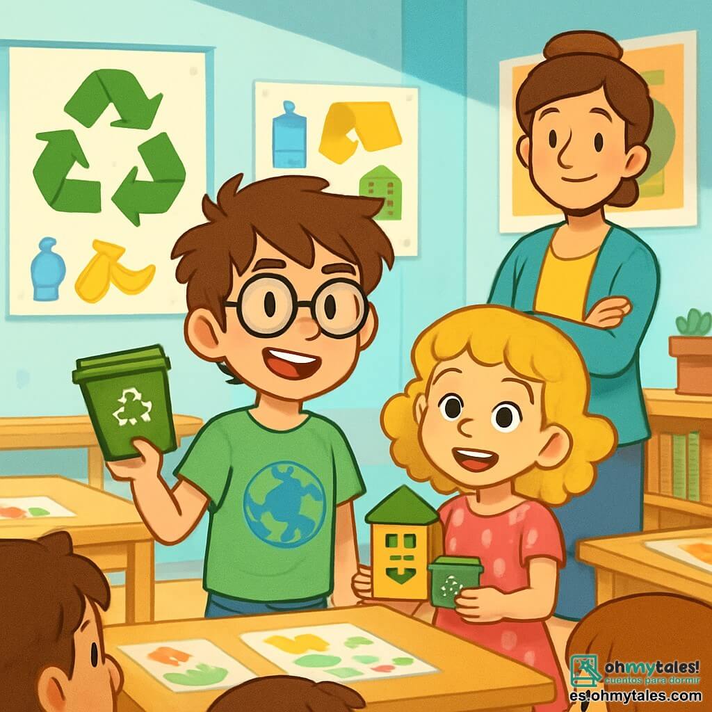 Un niño de 12 años, llamado Martín, está de pie en un aula luminosa, con paredes pintadas de azul claro y carteles coloridos sobre el reciclaje. Tiene el cabello castaño desordenado, gafas redondas y lleva una camiseta verde con un dibujo de un planeta. Su rostro expresa una determinación alegre, con una gran sonrisa y ojos brillantes de emoción. A su lado, su hermana Laura, una niña de 8 años con cabello rubio y rizado, lo anima con una sonrisa radiante. Ella lleva un vestido rosa con lunares y sostiene un pequeño modelo de cartón que representa su proyecto de reciclaje. Al fondo, la profesora Alba, una mujer de unos treinta años con cabello castaño recogido en un moño, observa con orgullo, con los brazos cruzados y sonriendo. El aula está llena de mesas de madera cubiertas de proyectos coloridos y dibujos de niños, creando una atmósfera alegre y animada. La escena principal muestra a Martín, con aire de confianza, presentando su proyecto sobre el reciclaje a sus compañeros de clase, mientras los otros alumnos lo escuchan atentamente, cautivados por su entusiasmo y pasión.