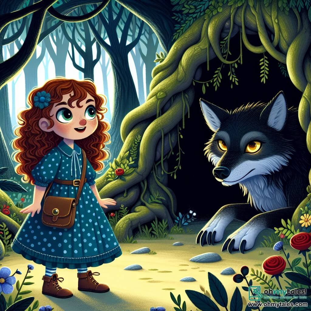A brave 9-year-old girl named Elara stands at the entrance of a dark cave, her eyes shining with excitement and determination. She has curly brown hair, a blue polka-dotted dress, and a small shoulder backpack. In her hand, she holds a small wooden sword, ready to face the unknown. Inside the cave, the Big Bad Wolf, a large black wolf with piercing golden eyes, lies in a corner, his intrigued gaze fixed on Elara. He appears both fierce and melancholic, his large ears perked up as if listening intently to the girl. The setting is a dense forest with majestic, gnarled trees and green leaves filtering sunlight, creating a magical and mysterious atmosphere. Colorful flowers dot the ground, adding a touch of cheerfulness to the dark place. The main scene shows Elara, determined and fearless, speaking to the wolf in his cave, seeking to understand his story and establish a connection, while the wolf, surprised by her boldness, begins to reveal his past.