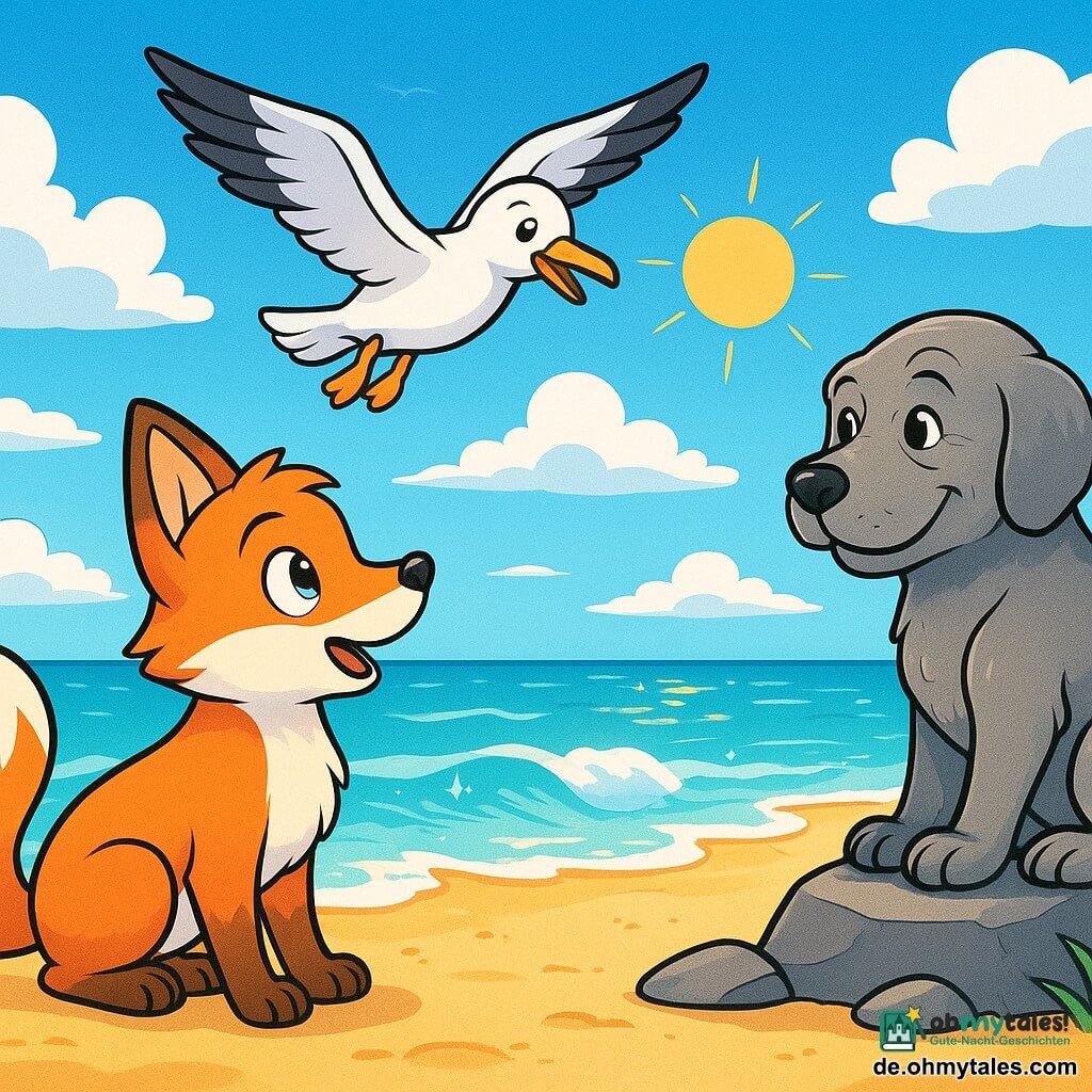Ein junger Fuchs mit funkelnden Augen und leuchtend rotem Fell, voller Neugier und Staunen, steht an einem goldenen Strand und beobachtet die sanft brechenden Wellen. Neben ihm schwebt eine strahlend weiße Möwe mit schelmischem Blick über ihm, bereit, auf den Sand zu tauchen. Nicht weit entfernt sitzt ein alter Hund mit grauem Fell und weisen Augen auf einem Stein und schaut den Fuchs mit einem wohlwollenden Lächeln an, als ob er ein kostbares Geheimnis teilt. Der Himmel ist strahlend blau, mit flauschigen Wolken, und die Sonne scheint intensiv, wodurch funkelnde Reflexionen auf dem Wasser entstehen. Die Szene fängt den Moment ein, in dem der Fuchs zum ersten Mal die Schönheit des Meeres entdeckt, sein Herz schlägt vor Aufregung und Abenteuer.