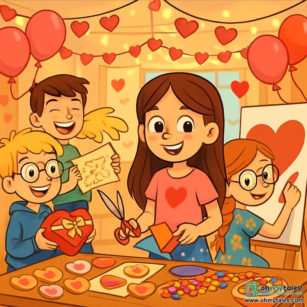 There are 4 children: Zoe, a 10-year-old girl with long brown hair and sparkling eyes, wearing a pink t-shirt with a heart and a polka dot skirt, standing in the center, smiling while holding scissors and colorful paper to make cards. Max, a 10-year-old boy with messy blonde hair and glasses, wearing a blue sweatshirt and jeans, is to the left of Zoe, holding a box of chocolates and looking around excitedly. Lily, a 10-year-old girl with braided red hair and round glasses, wearing a floral dress, is to the right of Zoe, drawing a large heart on a board. Jake, a 10-year-old boy with brown hair and a mischievous smile, wearing a green t-shirt and shorts, is behind Max, holding a treasure map and laughing with his friends. The setting is a community room decorated for Valentine's Day, with paper heart garlands, pink and red balloons floating from the ceiling, and a large table filled with heart-shaped cookies and colorful candies. Twinkling lights add to the festive atmosphere. The main scene shows the children preparing for a Valentine's Day party, surrounded by colorful decorations, laughing and sharing ideas for games and activities, creating a joyful and energetic atmosphere that illustrates the spirit of friendship and sharing.