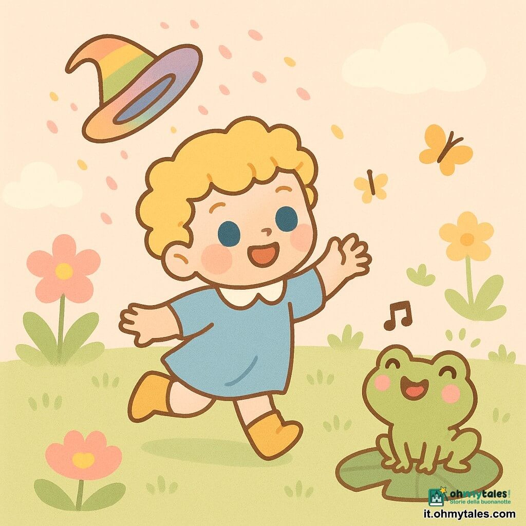 Un giovane principe sorridente e meravigliato porta un piccolo cappello magico multicolore che cambia tonalità; ha capelli biondi ricci, grandi occhi azzurri e una tunica celeste, corre alzando una mano per afferrarlo mentre una buffa rana verde con guance rosa canta e salta su una foglia di ninfea; il cappello fluttua lasciando cadere petali rosa e gialli; ambientazione: giardino incantato con erba soffice, fiori giganti, farfalle e cielo pastello; scena principale: inseguimento gioioso del cappello volante, atmosfera luminosa e colori tenui.
