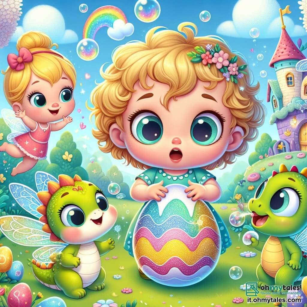 Una bambina di 2 anni, con capelli ricci e dorati e grandi occhi pieni di curiosità, si trova al centro dell'immagine, sorridente e meravigliata, tenendo un uovo colorato tra le sue piccole mani. Alla sua destra, un draghetto di nome Gigi, con squame verdi e occhi rotondi, sta soffiando bolle di sapone che fluttuano intorno a loro, con le sue ali traslucide che brillano sotto il sole. Alla sua sinistra, una piccola fata di nome Tina, con ali scintillanti e un vestito di petali di fiori, cerca di far apparire dei fiori sul suo naso, ridendo della sua magia fallita. Lo sfondo è un incantevole villaggio da favola, con case di caramelle, alberi dai colori vivaci e un cielo blu punteggiato di nuvole a forma di cuore. La scena principale mostra Giulia, Gigi e Tina riuniti attorno all'uovo magico che si è appena incrinato, con un piccolo uccello dalle ali arcobaleno pronto a uscire, riempiendo l'aria di gioia e risate.