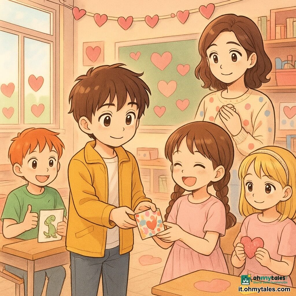 Matteo, bambino di 8 anni con sorriso timido e capelli castani scompigliati, in giacca giallo senape porge delicatamente una piccola pochette colorata al centro di un cerchio; Sara, circa 7 anni, viso rotondo e trecce brune in vestito rosa pallido, tiene la pochette aperta mostrando una caramella e ride con gli occhi; Luca, circa 7 anni, capelli corti e rossi in maglietta verde, seduto a sinistra, alza il pollice mostrando un disegno di dinosauro; Chiara, circa 7 anni, capelli biondi con cerchietto brillante, seduta a destra sorride timidamente tenendo una striscia scintillante; la maestra Sofia, donna intorno ai 30 anni con maglione a pois, sta in piedi dietro i bambini con lo sguardo benevolo; aula luminosa, vetri e decorazioni a cuore, scaffali di materiali, luce soffusa; scena di distribuzione rispettosa delle pochette di San Valentino, gesti teneri, colori pastello saturi, stile manga infantile con tratti netti e occhi grandi ed espressivi.
