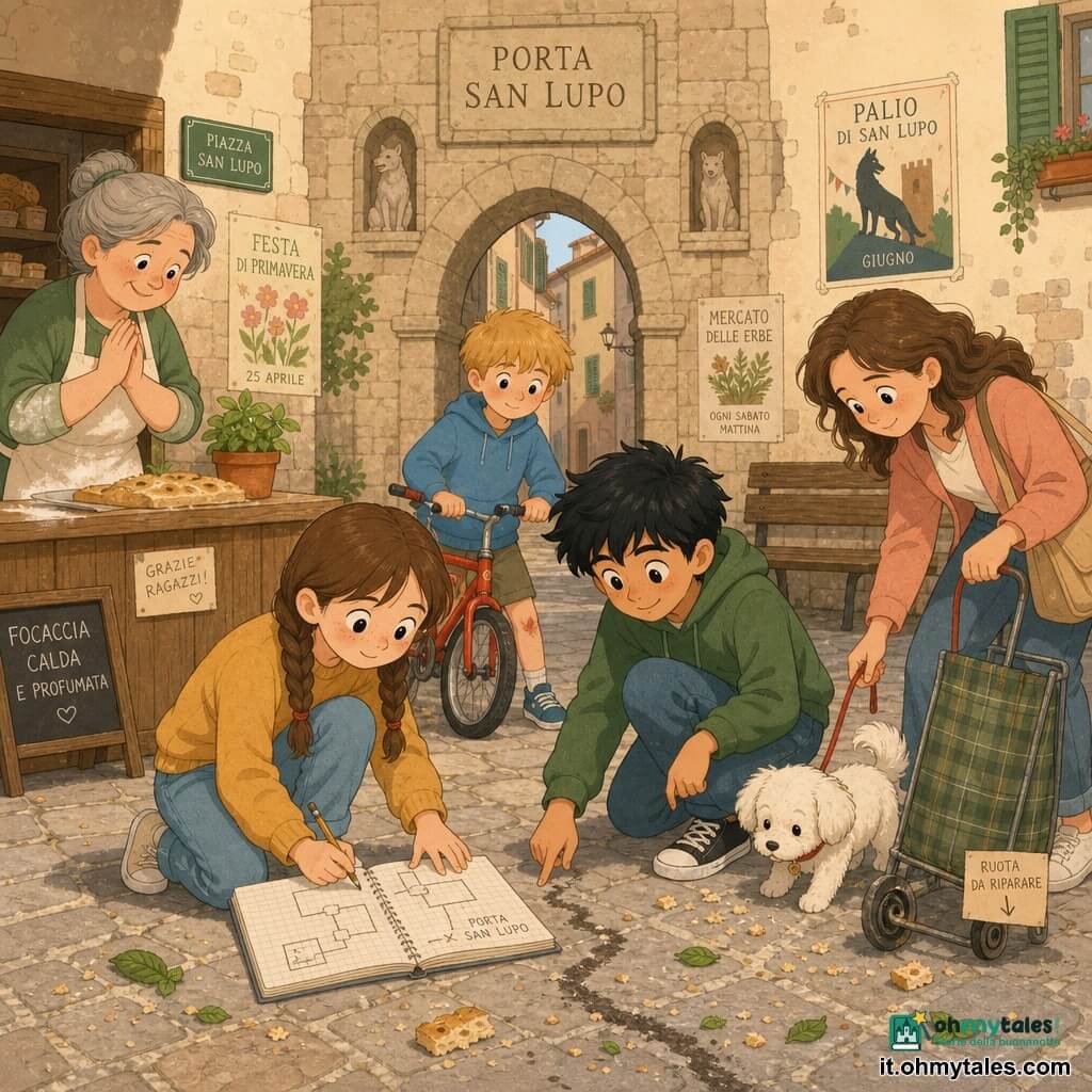 Ragazza di 12 anni, viso rotondo e lentiggini, capelli castano raccolti in due trecce, sguardo concentrato e dolce, occhi grandi e brillanti; accovacciata a disegnare una mappa sul pavimento con un piccolo quaderno a quadretti e una matita. Ragazzo di circa 12 anni (Amir), snello, capelli neri spettinati, sorriso malizioso ma attento; in piedi vicino a lei indica una traccia scura sui ciottoli. Ragazzo di circa 10 anni (Leo), capelli biondi, ginocchia sbucciate, con una piccola bicicletta rossa leggermente dietro, osserva curioso. Donna adulta (Ada, la panettiera), circa 50 anni, capelli grigi raccolti, grembiule infarinato, dietro un bancone di legno a sinistra, sollevata e riconoscente. Donna adulta (Milena), circa 40 anni, capelli castani sciolti, tiene un cagnolino bianco al guinzaglio e un carrello con una ruota consumata, a destra piegata verso le piastrelle per aiutare. Luogo: piccola piazza lastricata italiana davanti a una porta di pietra antica (Porta San Lupo) con arco e nicchie, panchina di legno e manifesti colorati sul muro, luce calda del tardo pomeriggio, briciole di focaccia e foglie di menta sul pavimento. Situazione: scoperta collettiva stilizzata — la bambina detective disegna la mappa, gli altri esaminano indizi (schegge di vetro, una moneta lucente, una ruota consumata), atmosfera di cooperazione e curiosità, composizione centrata sul quaderno aperto e sulla traccia disegnata a terra. Tavolozza: toni pastello caldi (ocra, rosa pallido, verde menta), ombre morbide, contorni netti e semplificati, leggere texture di pietra e legno.