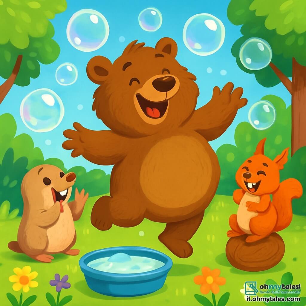 Un grande orso bruno, chiamato Tobia, con un pelo morbido e arruffato, balla felicemente al centro di una radura soleggiata, la sua pancia larga che si muove come una gelatina, mostrando un ampio sorriso di eccitazione. Accanto a lui, una piccola talpa con pelo beige e occhi brillanti, Matilde, applaude con entusiasmo, le sue piccole zampe sollevate, mentre uno scoiattolo birichino, Gigi, con pelo rosso e occhi maliziosi, ride tenendosi la pancia, seduto su una grossa noce nelle vicinanze. La radura è circondata da alberi verdi con foglie lucenti e fiori colorati punteggiano il terreno, mentre una grande bacinella piena di sapone per bolle brilla al sole. Tobia, mentre salta e fa scoppiare bolle giganti, dimostra la sua determinazione a diventare il Re delle Bolle, mentre bolle scintillanti fluttuano intorno a lui, creando un'atmosfera magica e gioiosa.