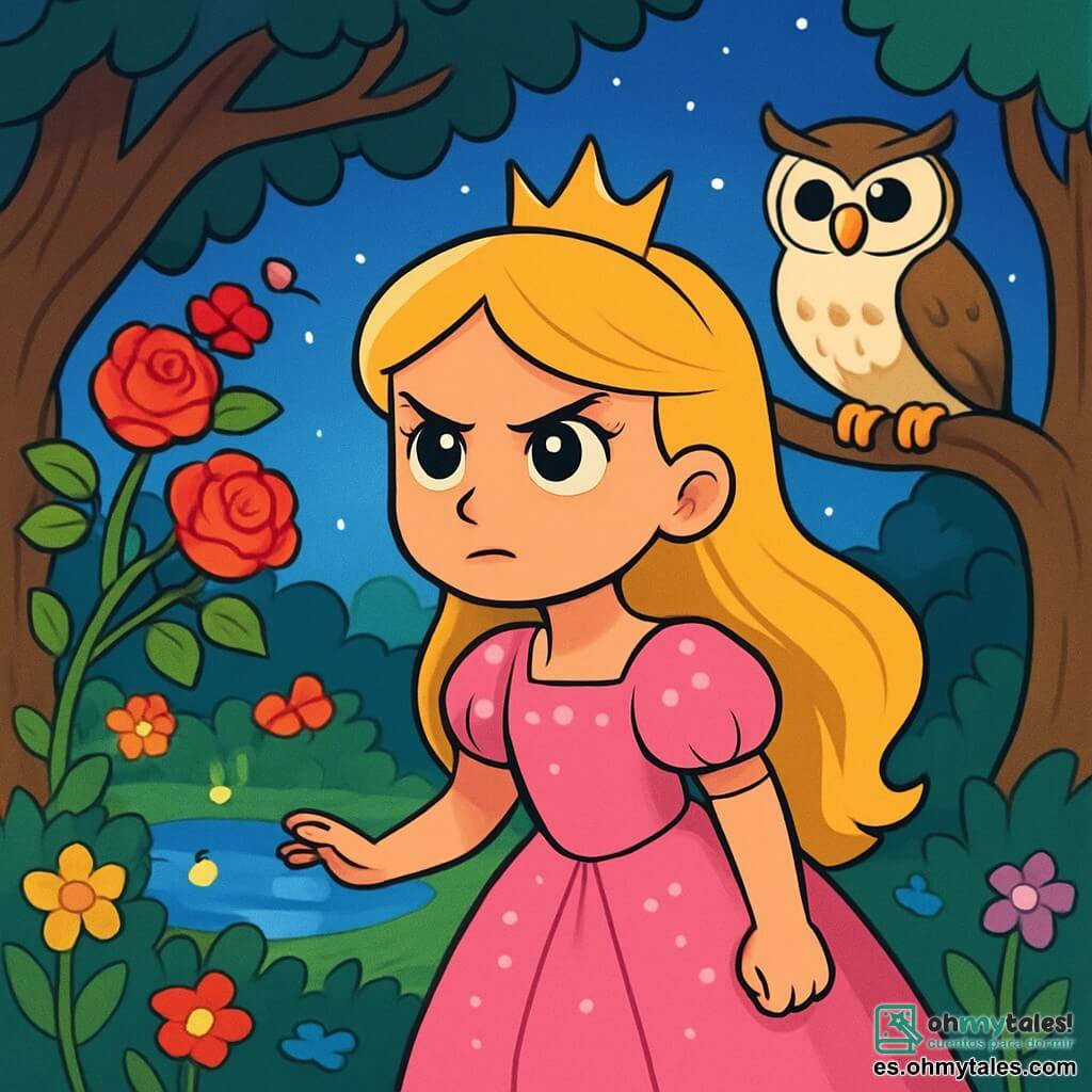 La princesa Lía, una joven de largos cabellos dorados y ojos brillantes como estrellas, se encuentra al borde de un jardín secreto. Su rostro expresa una determinación valiente mientras observa un viejo rosal con flores brillantes. Lleva un vestido rosa adornado con perlas que brillan bajo la luz de la luna. A su lado, un sabio búho de plumas blancas y ojos sabios la observa atentamente, posado en una rama, listo para darle consejos valiosos en su búsqueda. El jardín es un lugar encantador, con árboles de troncos retorcidos, flores coloridas que bailan al viento y un estanque donde luciérnagas iluminan la noche. Lía está lista para partir en una aventura, decidida a encontrar la Perla de la Sabiduría para salvar su reino.