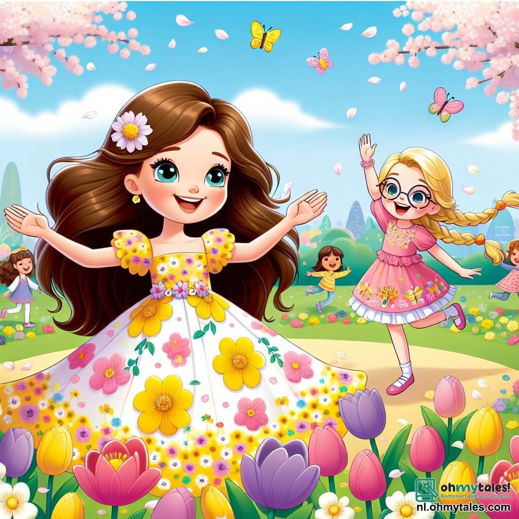 Een 8-jarig meisje genaamd Liselotte staat in het midden van de afbeelding, straalt van vreugde. Ze heeft lang bruin haar, sprankelende ogen en draagt een mooie gele jurk met bloemen die om haar heen danst in de wind. Ze glimlacht breed, met open armen, alsof ze de lente wil omarmen. Rechts van haar staat haar beste vriendin Noor, ook 8 jaar oud, met blonde vlechten en ronde bril, die een hand opsteekt om de andere kinderen te begroeten. Noor draagt een roze jurk met vlinderpatronen en lijkt net zo opgewonden. Op de achtergrond strekt een park vol lentekleuren zich uit. Bloeiende bomen, kleurrijke tulpen en zingende vogels creëren een vrolijke sfeer. De lucht is helderblauw met donzige witte wolken. De scène toont Liselotte en Noor die een groot lentefeest organiseren, omringd door kleurrijke ballonnen en bloemenversieringen, terwijl kinderen om hen heen lachen en spelen, klaar om deel te nemen aan het feest.
