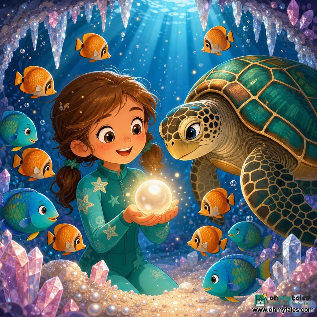An 8-year-old girl, amazed and smiling, brown hair in pigtails and big bright eyes, wearing a turquoise wetsuit with starfish patterns, holds a large glowing pearl at the center; a wise sea turtle with an emerald-and-bronze textured shell watches kindly from the right at head height while colorful fish (orange butterflyfish, blue-green parrotfish) circle them in a luminous semicircle; setting: a sparkling underwater cave with pink and silver crystals, translucent stalactites, pearly sand and blue sunbeams; scene: magical discovery—warm golden pearl glow contrasts with cold blue water, floating light particles, peaceful wondrous mood, close perspective on girl and turtle; graphic style: simple shapes, strong contrasts, vivid harmonious colors, soft outlines, flat texture without complex shadows.