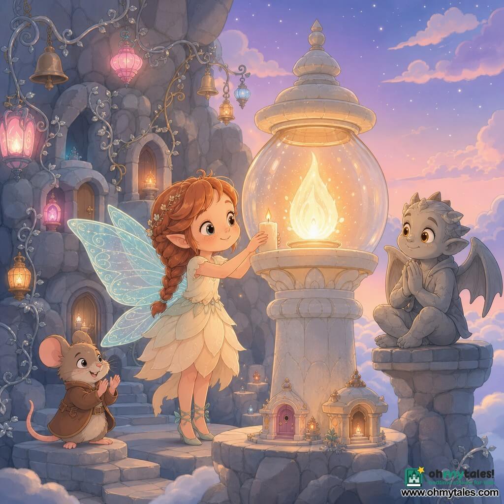 Lira, a brave smiling little fairy with blue-green translucent wings, braided red hair and a pale petal dress, gently places a lit candle into a large stone lantern holding the slowly awakening orange-golden Eternal Flame; a mischievous brown-coated mouse applauds on a left stone step at her knee and a proud stone gargoyle boy with polished amber eyes sits on a right ledge with palms together; they stand on a gray cliff dotted with small rounded doors, colored lanterns, silver vines and hanging bells, soft clouds below and a twilight sky.
