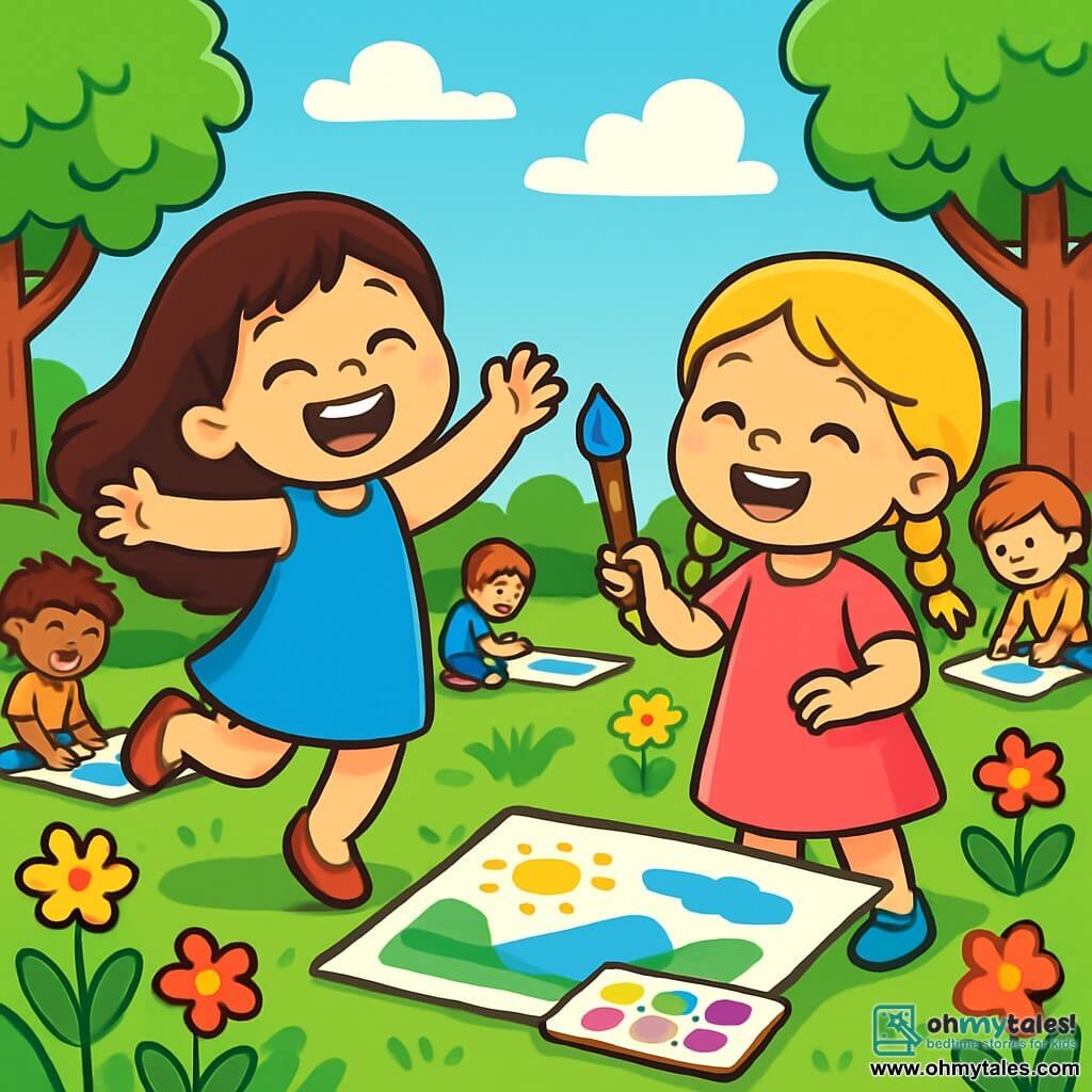 A 4-year-old girl named Lucy, with long brown hair and sparkling eyes, wears a blue dress and red shoes. She jumps with joy in a green field, a big smile on her face. Next to her, her best friend Mia, also 4 years old, has braided blonde hair and wears a pretty pink dress. She laughs while holding a colorful brush, ready to paint. The setting is a sunny summer camp, surrounded by tall trees with shiny green leaves and colorful flowers swaying in the breeze. A clear blue sky stretches above them, dotted with fluffy white clouds. The main scene shows Lucy and Mia painting summer landscapes on large sheets of paper, surrounded by other happy children, all absorbed in their creativity. The bright colors of the paint and the children's enthusiasm create a joyful and lively atmosphere.