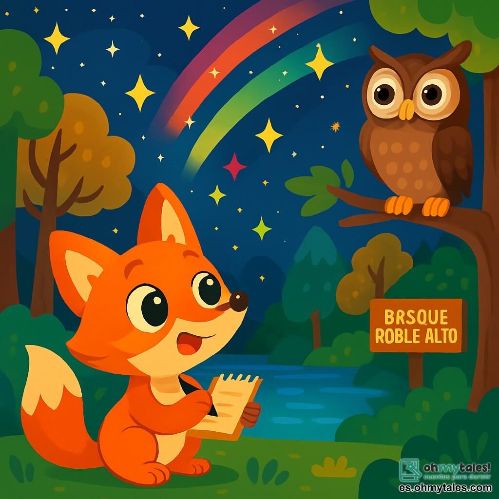 Una pequeña zorrita de ojos brillantes y curiosos, con un pelaje naranja vivo y una cola esponjosa, se encuentra al borde de un lago brillante, mirando con asombro luces de colores vivos en el cielo nocturno. Junto a ella, un búho sabio de plumas marrones y grandes ojos redondos, posado en una rama, observa la escena con curiosidad. Al fondo, el bosque de Roble Alto está lleno de árboles majestuosos con hojas verdes y doradas, iluminados por el resplandor de las estrellas. La zorrita, llena de emoción, toma notas en su pequeño cuaderno, lista para descubrir el misterio de las extrañas luces que bailan en el cielo.