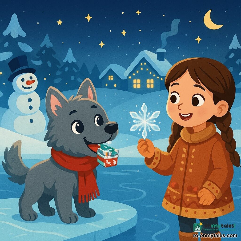 Un lup tânăr cu blană pufoasă și ochi sclipitori, numit Lupulețul Lumină, stă vesel pe un pod de gheață. Poartă o eșarfă roșie aprinsă la gât și ține o cutie mică de bomboane de mentă în gură. Lângă el, o fetiță cu părul brun împletit, îmbrăcată cu un palton brodat, zâmbește cu uimire ținând o floare de gheață strălucitoare. În fundal, un om de zăpadă cu nasturi de cărbune și o pălărie înclinată, numit Omatul, observă scena cu un zâmbet binevoitor. Decorul este un sat acoperit de zăpadă, cu case luminate de ghirlande sclipitoare și coșuri fumegânde, înconjurat de brazi acoperiți de zăpadă. Scena principală îi arată pe Lupulețul și fetița împărtășind un moment de bucurie și magie de iarnă, sub un cer înstelat și luminos.