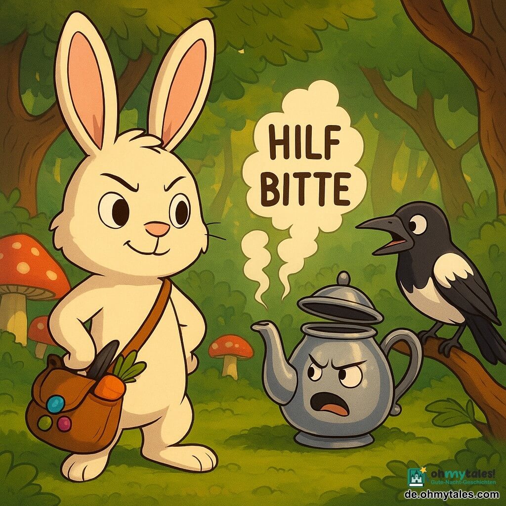 Die Hauptfigur ist ein kleiner Hase namens Wuschel, cremefarbenes Fell, rosa Ohren, selbstsichere aber etwas steife Ausstrahlung, auf den Hinterbeinen stehend, mit einer schräg getragenen Tasche, aus der drei glänzende Knöpfe, eine schwarze Feder und eine orange Karotte mit dem Schildchen Notfallplan herausragen; eine Nebenfigur ist eine anthropomorphe, polierte Metallteekanne auf Moos, Deckel wie ein offener Mund, pfeifender, mürrischer Ausdruck, weißer Dampf formt Buchstaben; eine weitere Nebenfigur ist eine glänzende Elster, schwarz-weiß, schlauer und alarmierter Blick, auf einem niedrigen Ast rechts sitzend und Wuschel warnend; Schauplatz eine weiche Waldlichtung mit grünem Moosteppich, großen rot-weißen Fliegenpilzen wie Laternen, Brombeer-Ranken im Hintergrund und goldenen Sonnenstrahlen zwischen verdrehten Bäumen; Situation: komische, magische Szene, Wuschel entdeckt die singende Teekanne, der Dampf bildet die Worte HILF und BITTE, fantastische, lustige Stimmung, gesättigte Farben, starke Kontraste, Komposition zentriert auf Wuschel und Teekanne mit der Elster im Hintergrund.