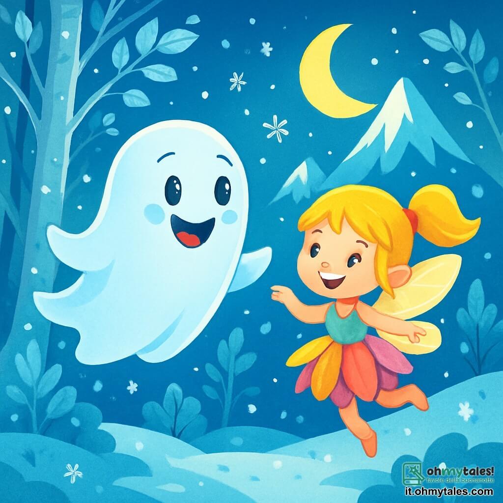Un piccolo fantasma di nome Nuvolino, con un corpo traslucido e una pancia rotonda e bianca come la neve, fluttua gioiosamente in un paesaggio incantato. Il suo viso è illuminato da un sorriso radioso, i suoi occhi brillano di curiosità ed eccitazione. Accanto a lui, Brillina, una follettina dai capelli dorati e ali scintillanti, danza nell'aria, i suoi occhi brillano di malizia e gioia. Indossa un vestito fatto di petali di fiori colorati e si trova leggermente davanti a Nuvolino, incoraggiandolo ad avanzare. Lo scenario è un magnifico bosco incantato, dove gli alberi hanno tronchi argentati e foglie di cristallo che brillano sotto la luce della luna. Fiocchi di neve cadono dolcemente, creando un'atmosfera magica e pacifica. La scena mostra Nuvolino e Brillina che si avvanzano insieme verso la montagna ghiacciata, dove si nasconde la casa dei draghi di neve, pieni di entusiasmo e determinazione, pronti a vivere una nuova avventura.