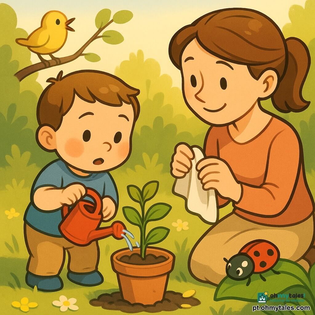 Um menino de 2 anos, rosto redondo, cabelos castanhos curtos, bochechas rosadas, expressão serena e maravilhada, segura um pequeno regador vermelho e rega uma planta com gotas brilhantes; à sua direita, a mãe (~30 anos), cabelos castanhos presos, sorriso terno, ajoelhada, observa e enxuga suavemente um lenço; uma joaninha vermelha de pontos pretos anda numa folha perto do vaso; um pequeno pássaro amarelo pousado num galho baixo ao fundo canta; jardim de primavera luminoso com relva verde, flores amarelas e brancas, terra úmida e luz dourada do sol baixo; cena principal: momento calmo e afetuoso.