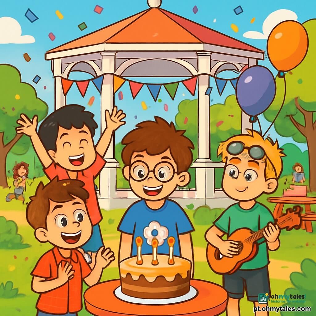 Há 4 crianças: - Tomás: um garoto de 10 anos, com cabelos castanhos bagunçados e óculos redondos. Ele usa uma camiseta azul com um desenho de bola de futebol e um short jeans. Ele está no centro, sorrindo, com um bolo de aniversário à sua frente. - Miguel: um garoto de 11 anos, com cabelos negros e olhos brilhantes. Ele usa uma camisa quadriculada vermelha e uma calça bege. Ele está à esquerda de Tomás, levantando os braços para celebrar. - Léo: um garoto de 10 anos, com cabelos loiros e óculos de sol na testa. Ele usa uma camiseta verde e um short preto. Ele está à direita de Tomás, segurando um ukulele e pronto para tocar uma canção alegre. - Rafa: um garoto de 10 anos, com cabelos castanho-claros e um sorriso travesso. Ele usa uma camiseta laranja e um short. Ele está atrás de Tomás, segurando um balão de festa que está subindo ao céu. O local é um parque ensolarado, com um grande coreto branco no centro, decorado com guirlandas coloridas e balões flutuantes. Árvores verdes cercam a cena, e crianças brincam ao fundo, enquanto mesas estão arrumadas com pratos de bolos e doces. A cena principal mostra Tomás, cercado por seus amigos, soprando as velas do seu bolo de aniversário, com risadas e sorrisos radiantes, enquanto confetes voam pelo ar, criando uma atmosfera festiva e alegre.