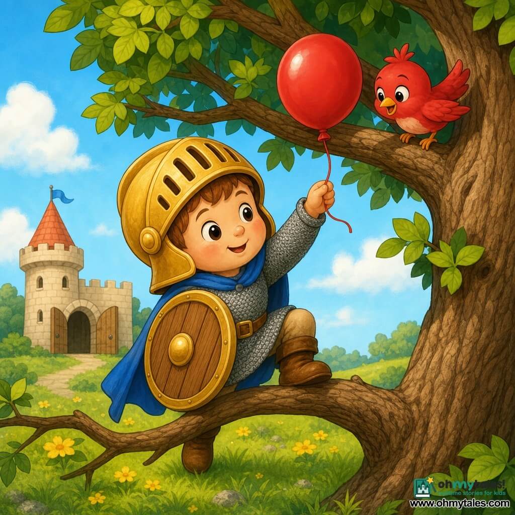 A small plush boy knight (Sir Teddy), gentle and focused, smiling with shiny round eyes, wearing a slightly oversized golden helmet, gray fabric chainmail, and a blue cape, holding a round wooden shield and a small wooden sword; a tiny female bird with bright red feathers and curious eyes perches high on a nearby branch, happily watching him; in the background a beige miniature castle with a round tower and an open wooden door sits on a grassy hill; setting: a bright green field with short grass, scattered yellow flowers, and a large leafy tree with a textured brown trunk whose high branches have a shiny red balloon stuck; main scene: the little knight gently climbs low branches to retrieve and return the balloon to the bird, warm comforting atmosphere, bright colors, soft outlines, simple childlike style.