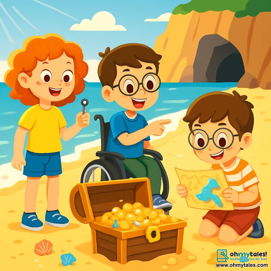 There are 3 characters: Mia, an 8-year-old girl with curly red hair and freckles, wearing a yellow t-shirt and denim shorts, holding a rusty key and looking curiously at the treasure chest; Leo, a 9-year-old boy in a wheelchair with brown hair and glasses, wearing a blue t-shirt and green pants, smiling enthusiastically and pointing at the treasure chest; Sam, an 8-year-old boy with brown hair and large glasses, wearing a striped shirt and red shorts, crouched near the chest, examining a treasure map with wide eyes. The scene is set on a sunny beach with gentle waves lapping at the shore, large cliffs in the background, and a dark cave visible. The golden sand is scattered with colorful seashells, and the sky is a bright blue with a few white clouds. The main situation shows the three friends discovering an ancient treasure chest filled with sparkling gold coins and glittering jewels, surrounded by an atmosphere of excitement and mystery, with sunlight illuminating the scene, creating a magical ambiance.