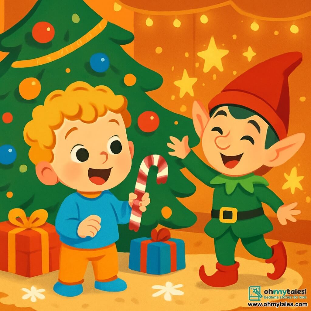 A 2-year-old boy with curly golden hair and bright sparkling eyes stands under a decorated Christmas tree. He smiles in wonder, holding a candy cane in his small hand. Next to him, a mischievous elf with a pointed red hat and pointy ears laughs while waving sparkling stars. The elf has a playful face and wears a bright green outfit. The setting is a cozy room filled with twinkling lights and Christmas decorations. The tree is covered in golden garlands and colorful baubles, while a fluffy rug is scattered with paper snowflakes. The main scene shows the boy and the elf playing together, with the elf throwing sparkling stars around them as the boy laughs, enchanted by the magic of Christmas.